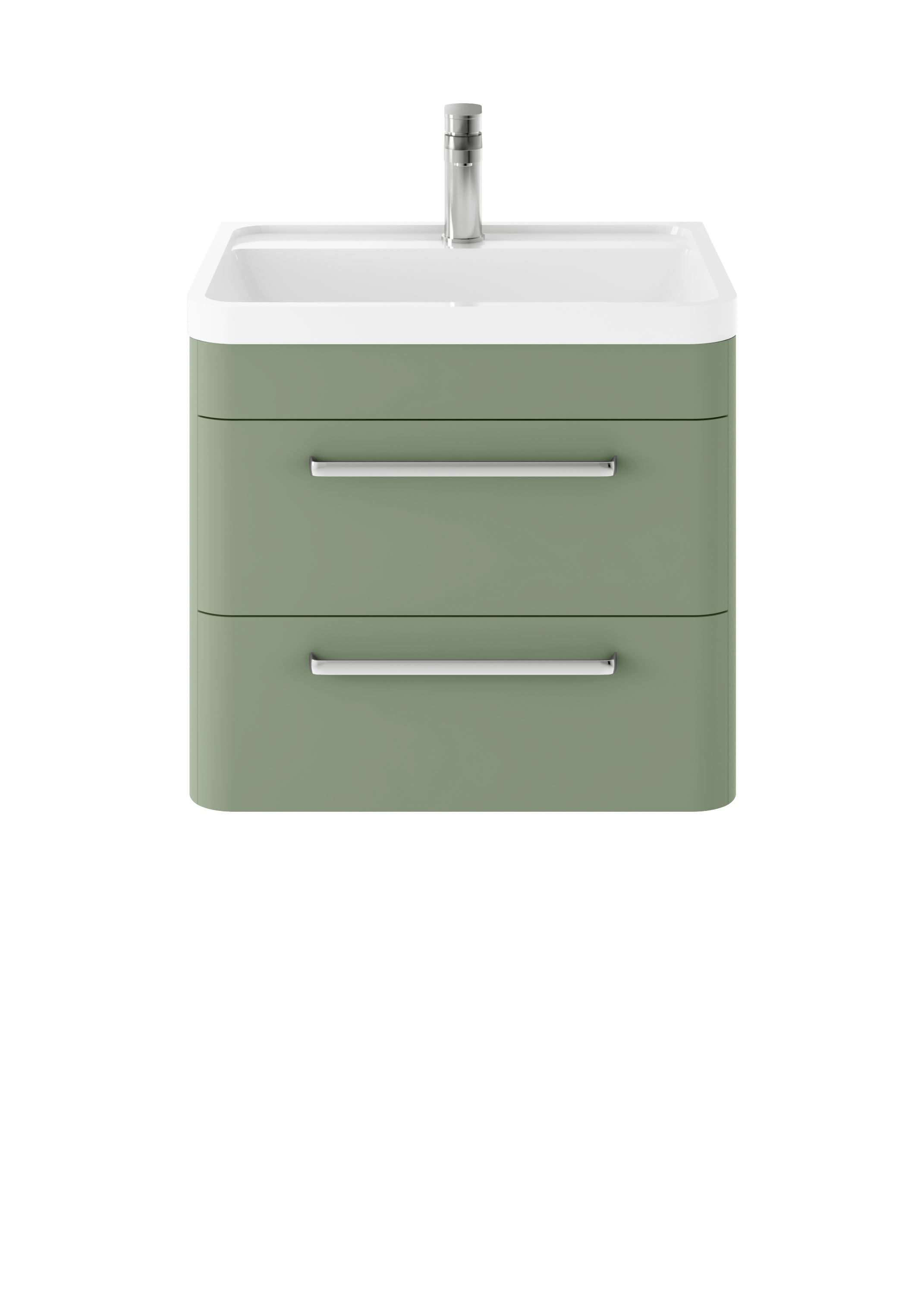 Hudson Reed Solar Wall Hung Vanity Unit with Polymarble Basin, Modern 2 Drawer Bathroom Sink Vanity Unit in  Fern Green, 600mm