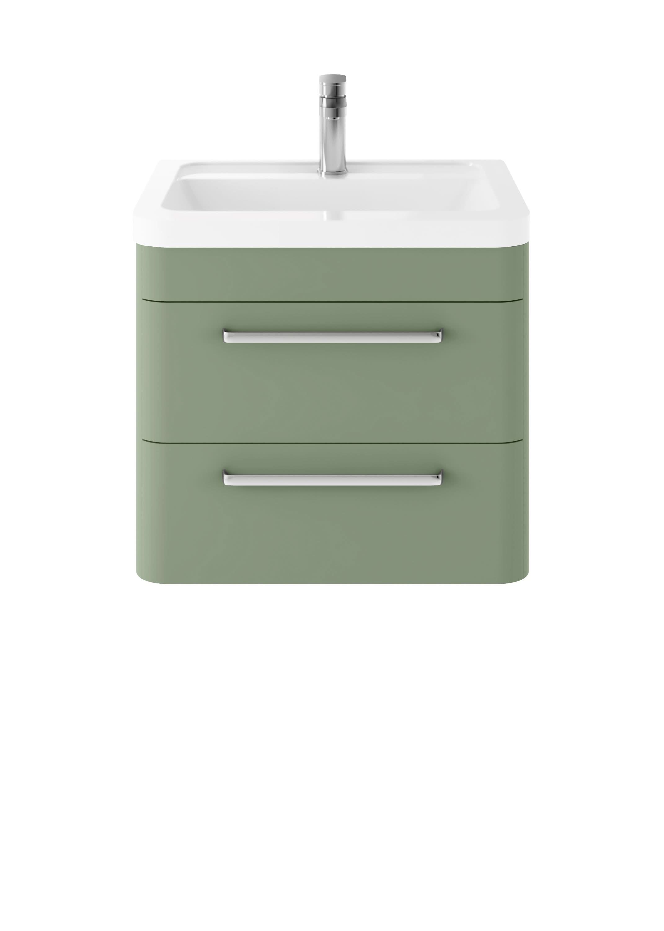 Hudson Reed Solar Wall Hung Vanity Unit with Ceramic Basin, Modern 2 Drawer Bathroom Sink Vanity Unit in  Fern Green, 600mm