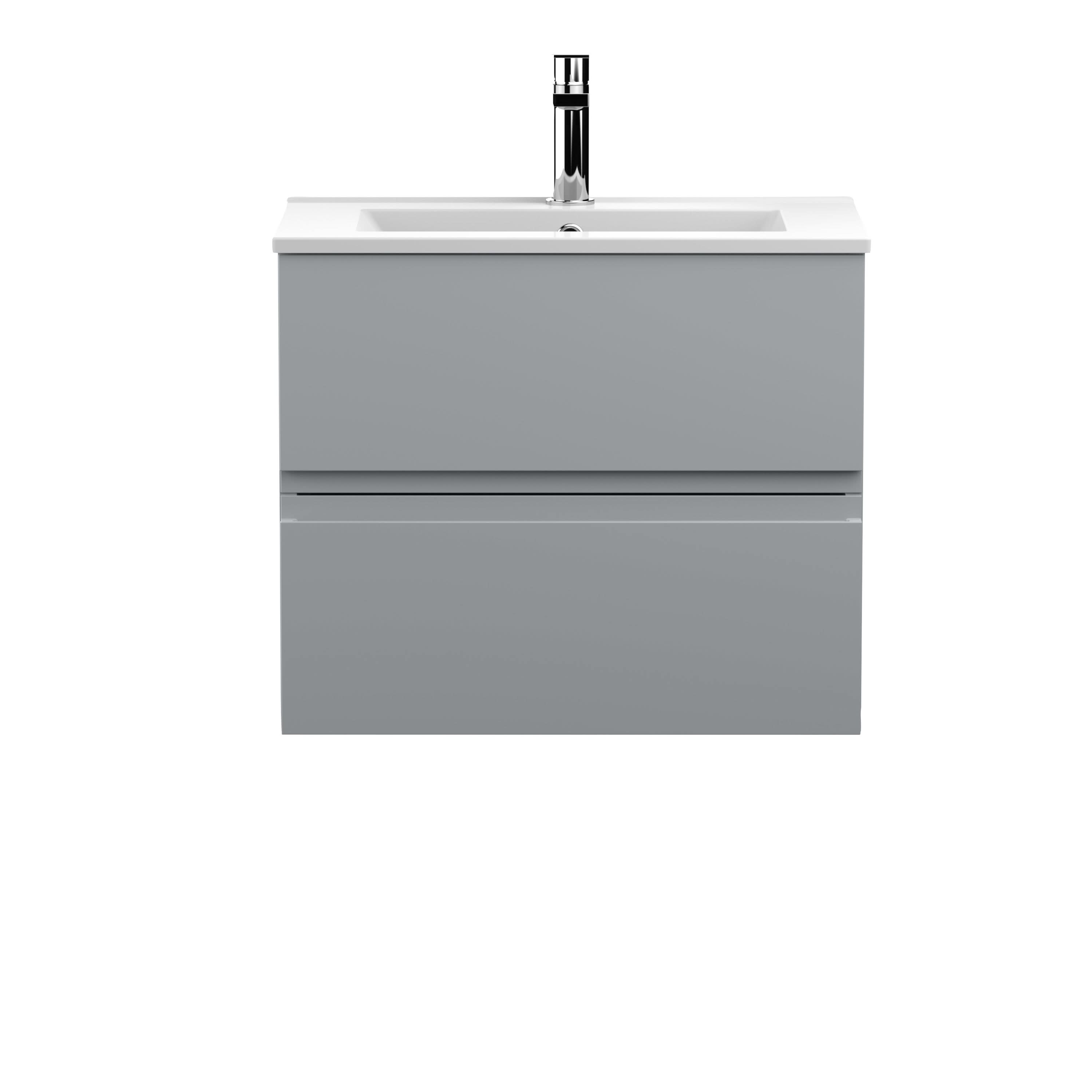 Hudson Reed Urban Wall Hung 2 Drawer Vanity Unit with Minimalist Ceramic Basin, Modern Bathroom Furniture in Satin Grey, 600mm