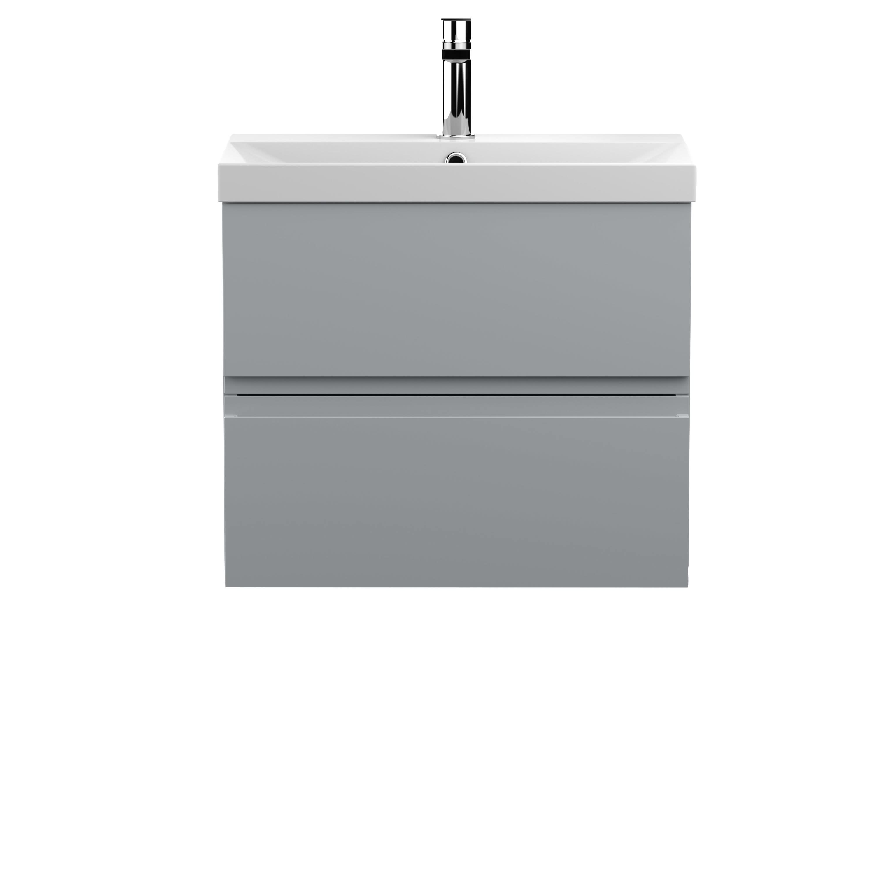 Hudson Reed Urban Wall Hung 2 Drawer Vanity Unit with Thin-Edge Ceramic Basin, Modern Bathroom Furniture in Satin Grey, 600mm