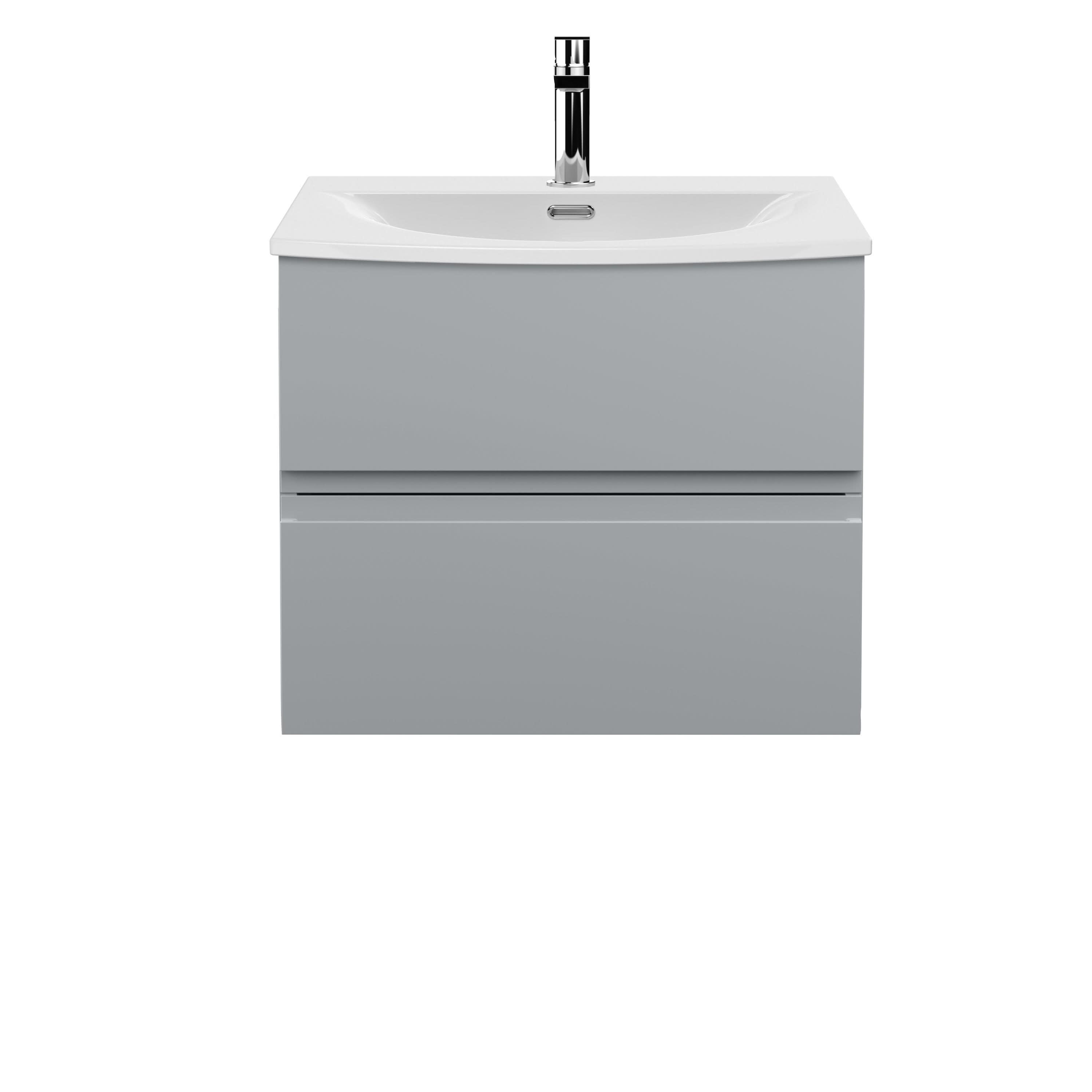 Hudson Reed Urban Wall Hung 2 Drawer Vanity Unit with Curved Ceramic Basin, Modern Bathroom Furniture in Satin Grey, 600mm