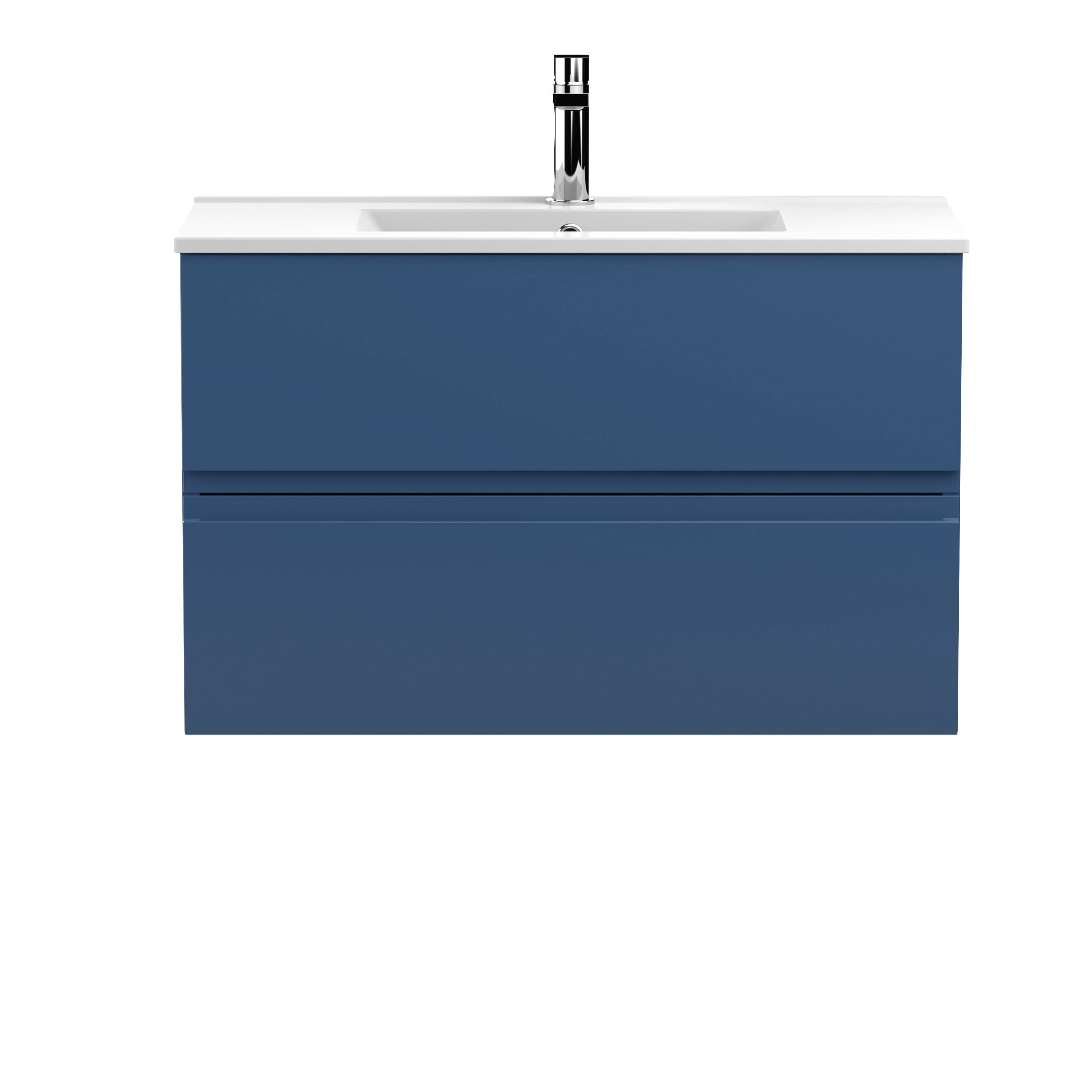 Hudson Reed Urban Wall Hung 2 Drawer Vanity Unit with Minimalist Ceramic Basin, Modern Bathroom Furniture in Satin Blue, 800mm
