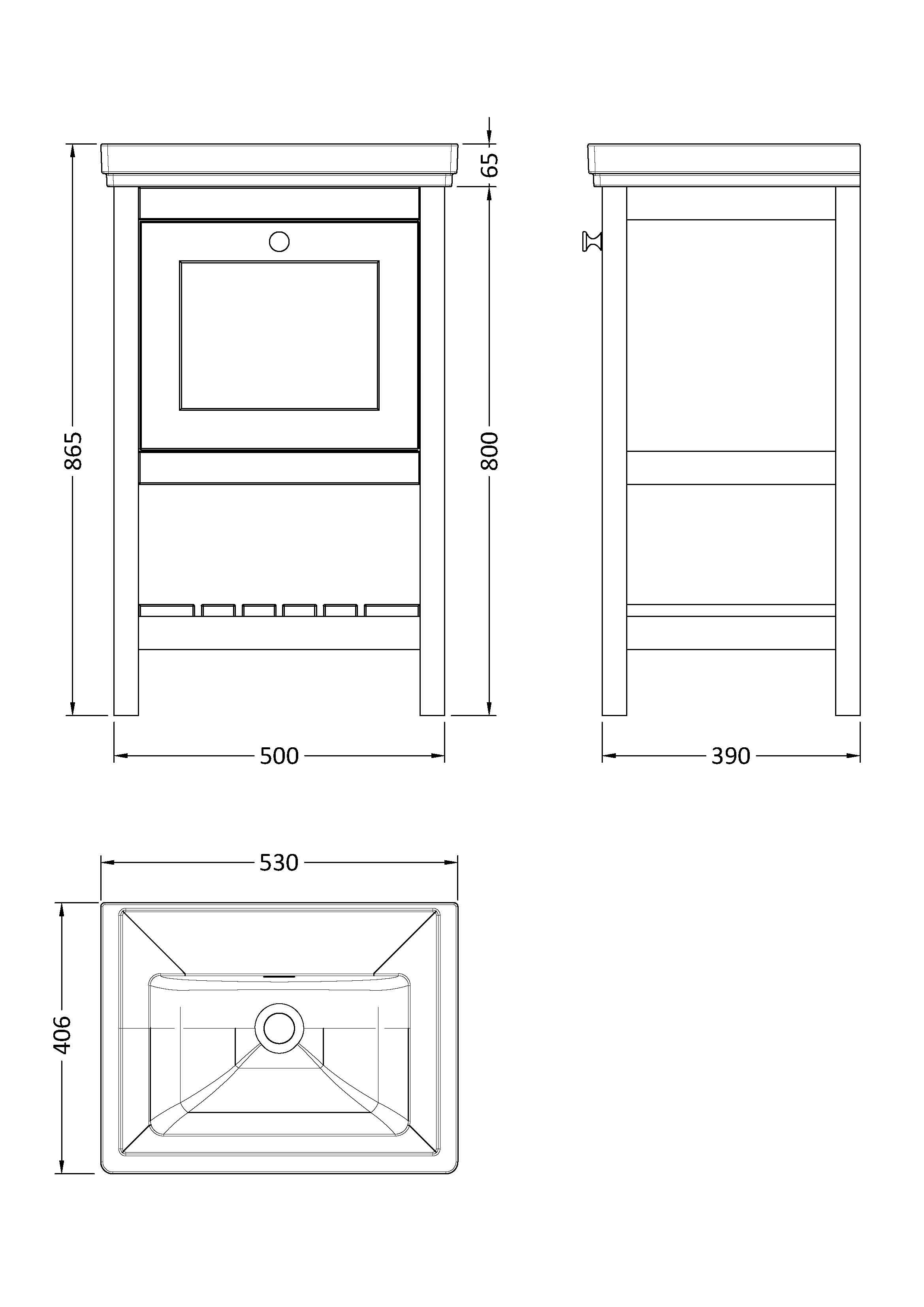 Old London Bexley Floor Standing 1 Drawer Vanity without Tap Hole Fireclay Basin, Stylish Vanity Unit with Basin, Cool Grey, 500mm