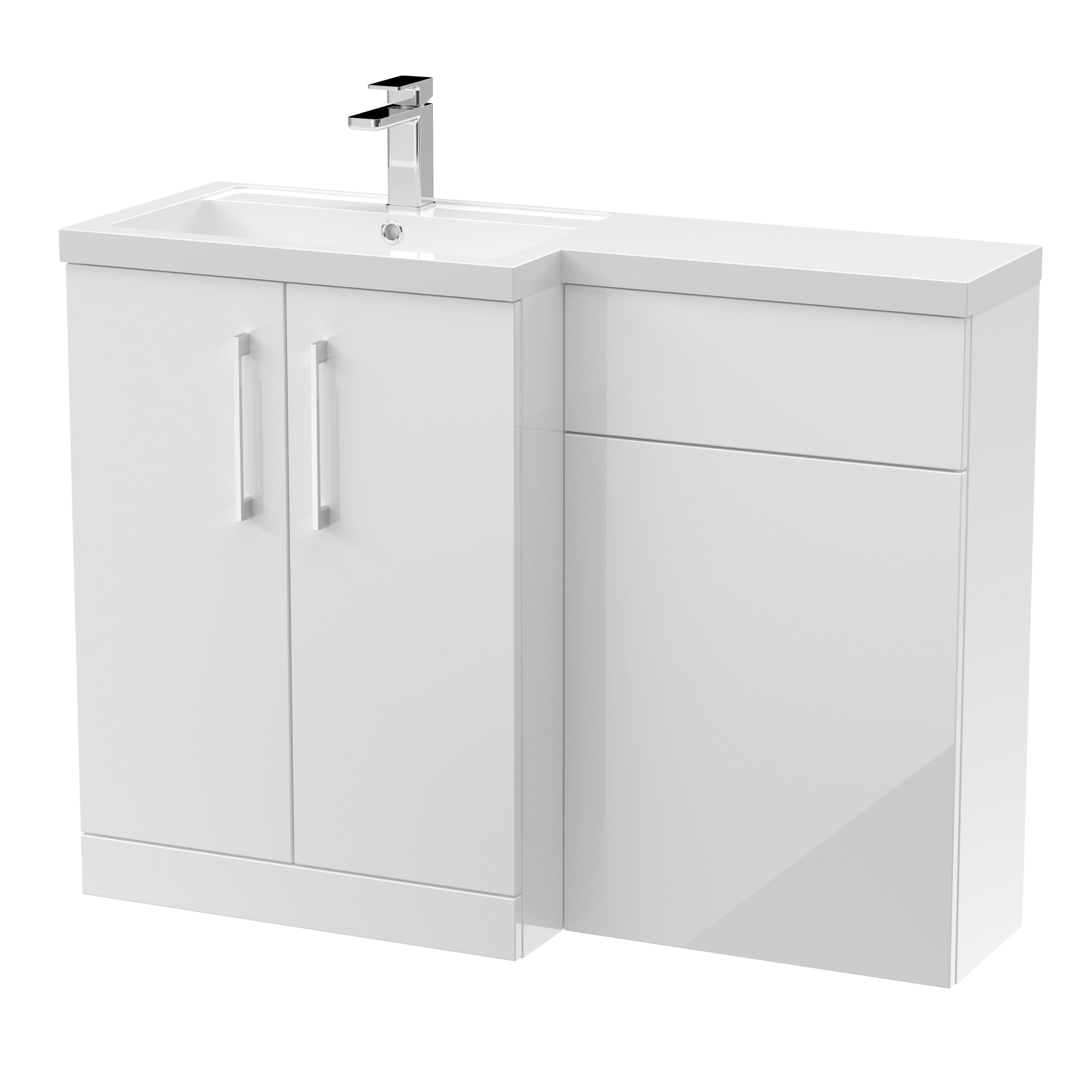 Nuie 1100mm Left Hand Combination, Polymarble Basin Pre-drilled with 1 Tap Hole, Bathroom Storage Unit in Gloss White