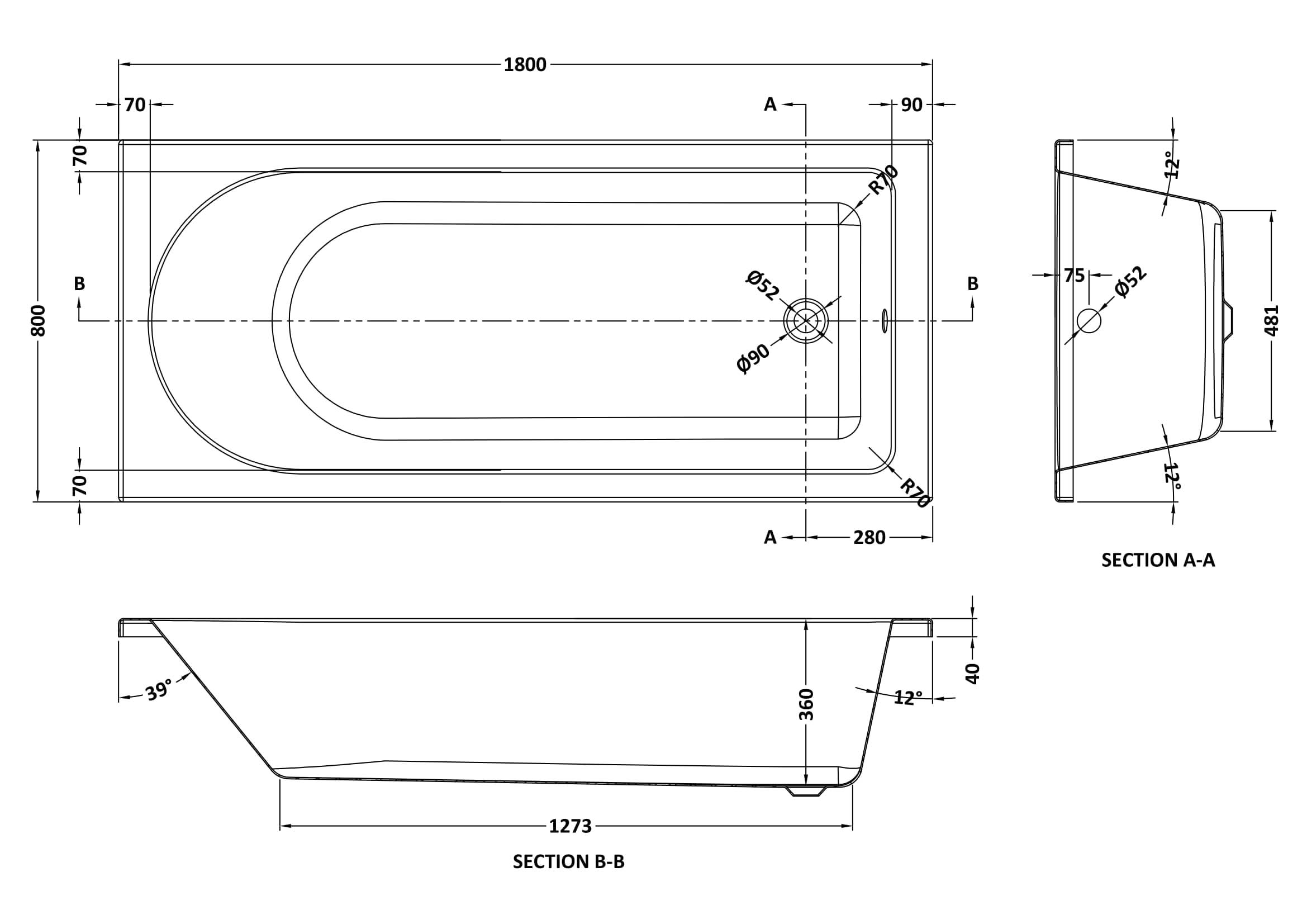Nuie Barmby Eternalite Round Single Ended Straight Shower Bath, Traditional Freestanding Bath, White, 1800mm x 800mm