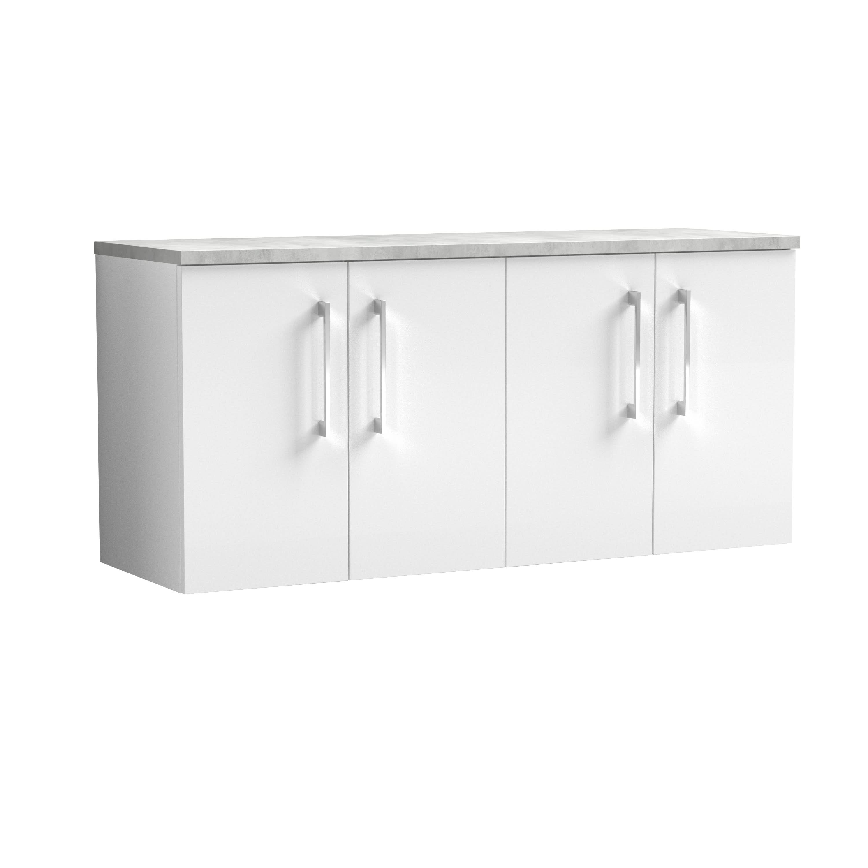Nuie Arno Wall Hung 4-Door Vanity & Laminate Top in Bellato Grey, Stylish Countertop Basin Unit in Gloss White with Soft-Close Storage, 1200mm