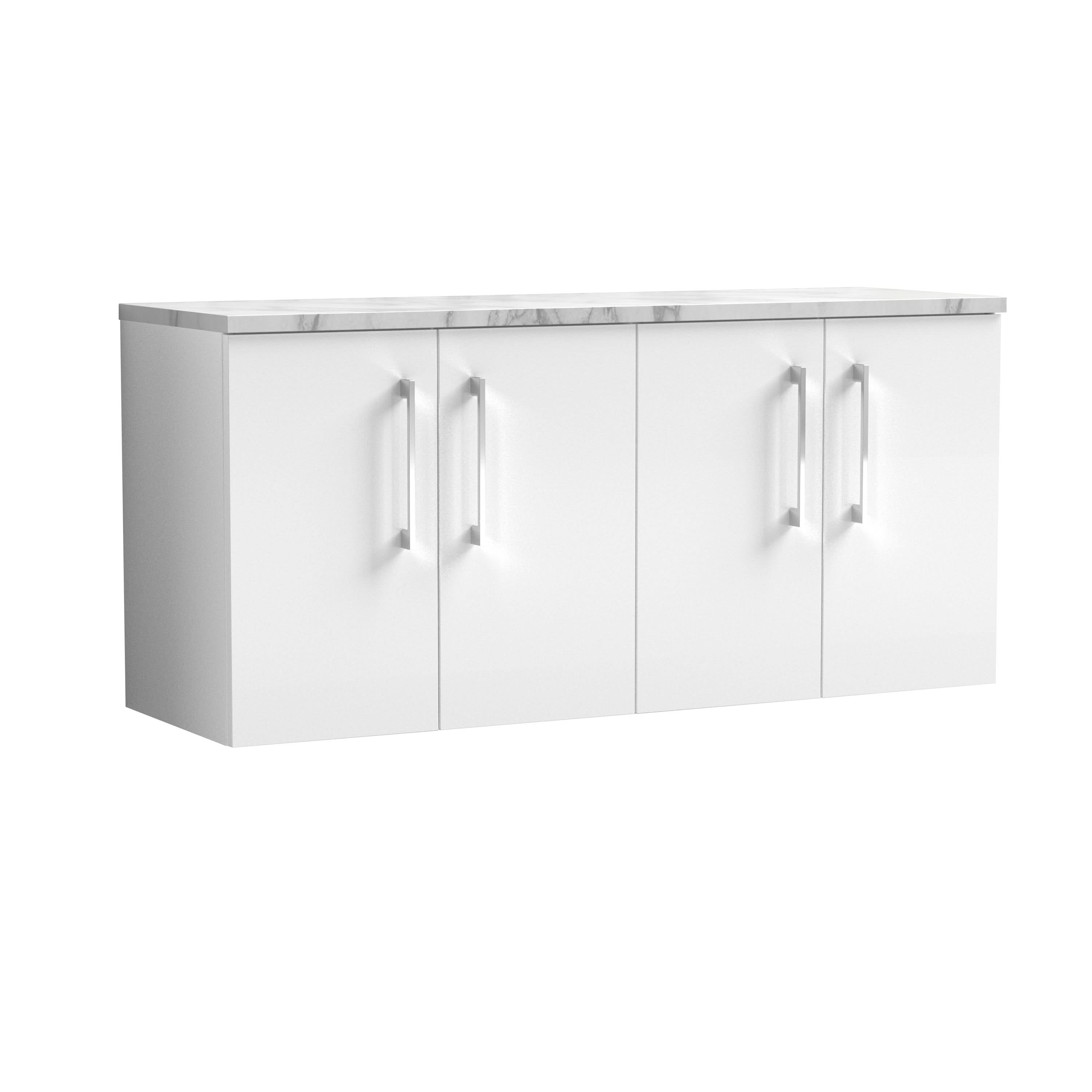 Nuie Arno Wall Hung Vanity Unit with 4 Soft-Close Doors & Carrera Marble Laminate Top, Stylish Countertop Basin Unit in Gloss White, 1200mm