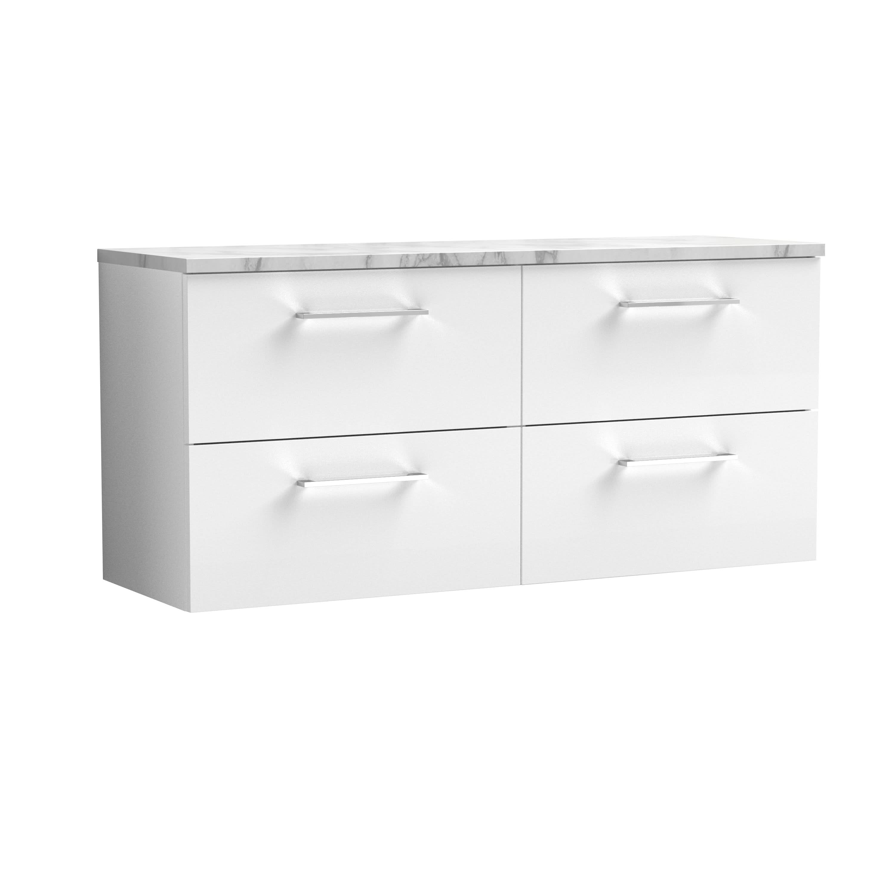 Nuie Arno Wall Hung Vanity Unit with 4 Soft-Close Drawers & Carrera Marble Laminate Top, Modern Counter Top Vanity Unit in Gloss White, 1200mm