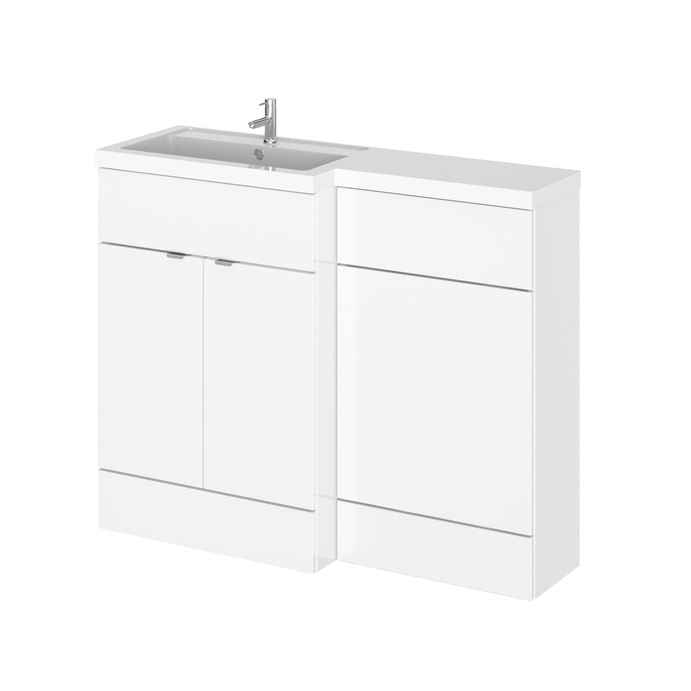 Hudson Reed Fusion Floor Standing 2 Door Vanity Basin & WC Left Hand Combination, Bathroom Storage Unit in Gloss White 1100mm
