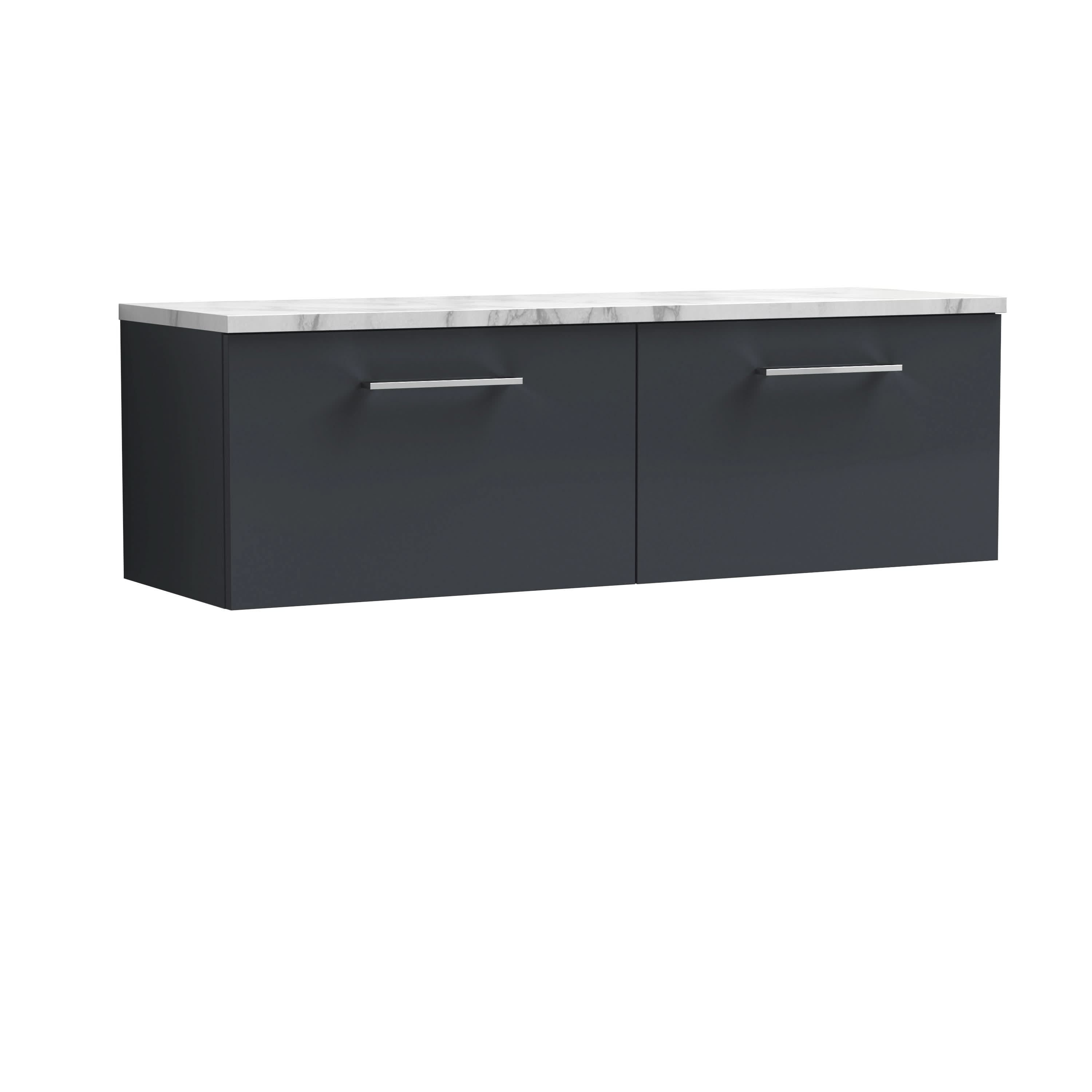 Nuie Arno Wall Hung Vanity Unit with 2 Soft-Close Drawers & Carrara Marble Laminate Top, Modern Counter Top Vanity Unit in Soft Black, 1200mm