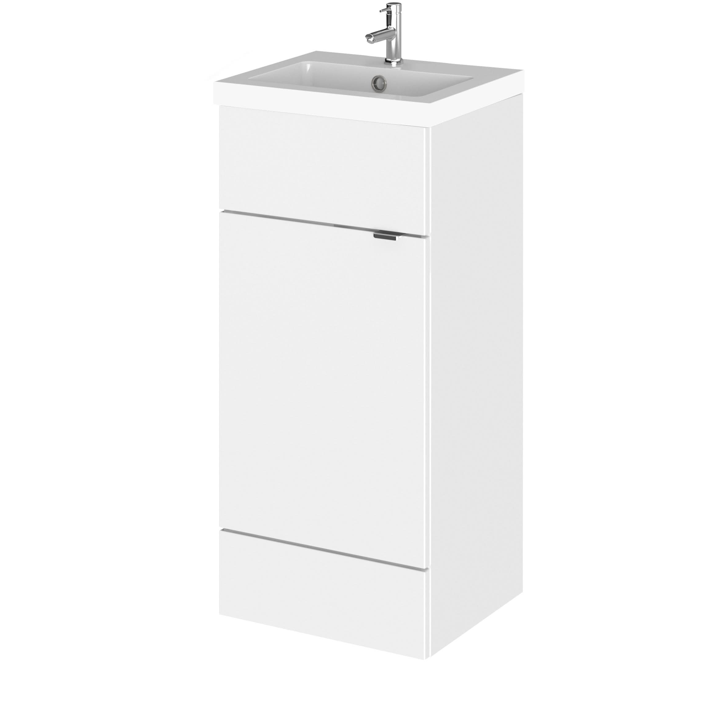 Hudson Reed Fusion Floor Standing 1 Door Vanity Unit & Polymarble Basin, Stylish Vanity Unit with Basin, Gloss White, 400mm
