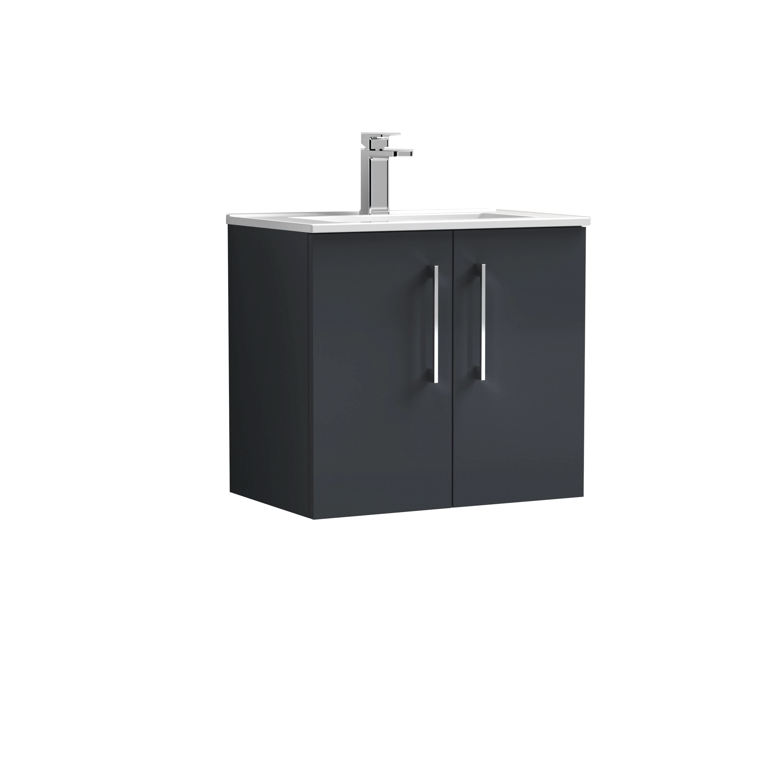 Nuie Arno Wall Hung 2 Door Vanity Unit with Basin & Minimalist Ceramic Basin, Space-Saving Vanity Unit with Basin, Soft Black, 600mm