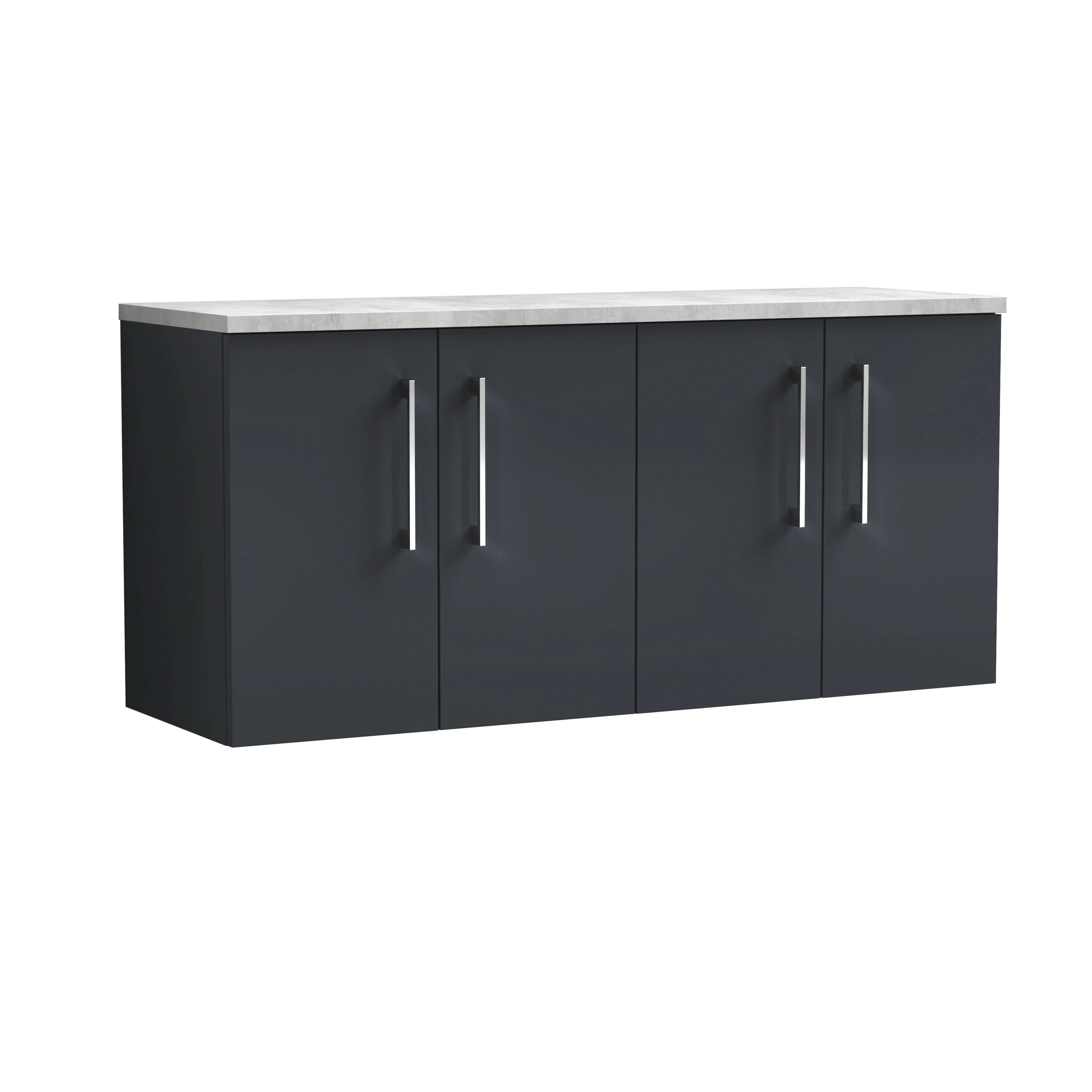 Nuie Arno Wall Hung 4-Door Vanity Unit & Laminate Worktop in Bellato Grey, Modern Counter Top Vanity Unit in Soft Black, 1200mm