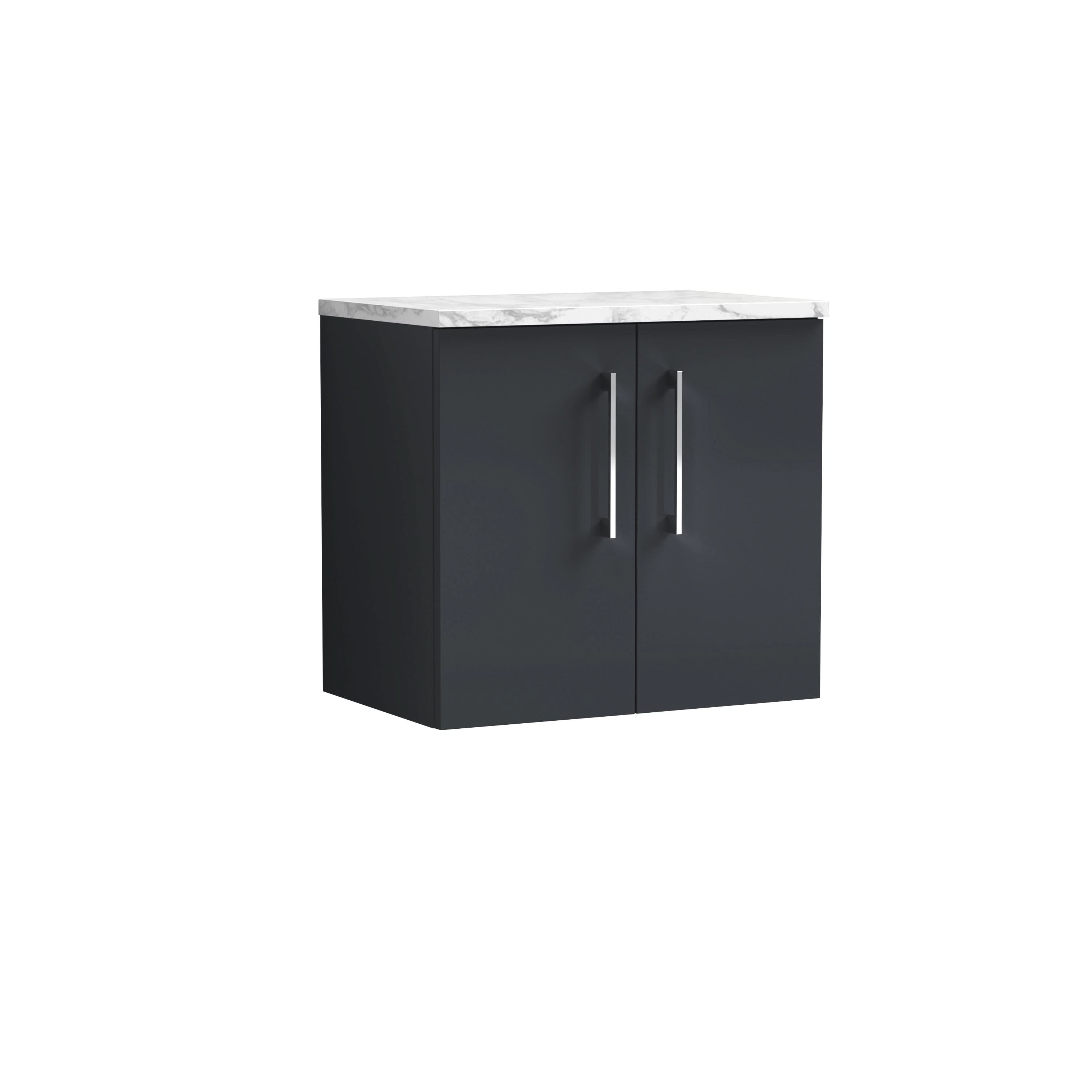 Nuie Arno Wall Hung 2-Door Vanity Unit & Laminate Worktop in Satin Soft Black, Modern Counter Top Vanity Unit in Soft Black, 600mm