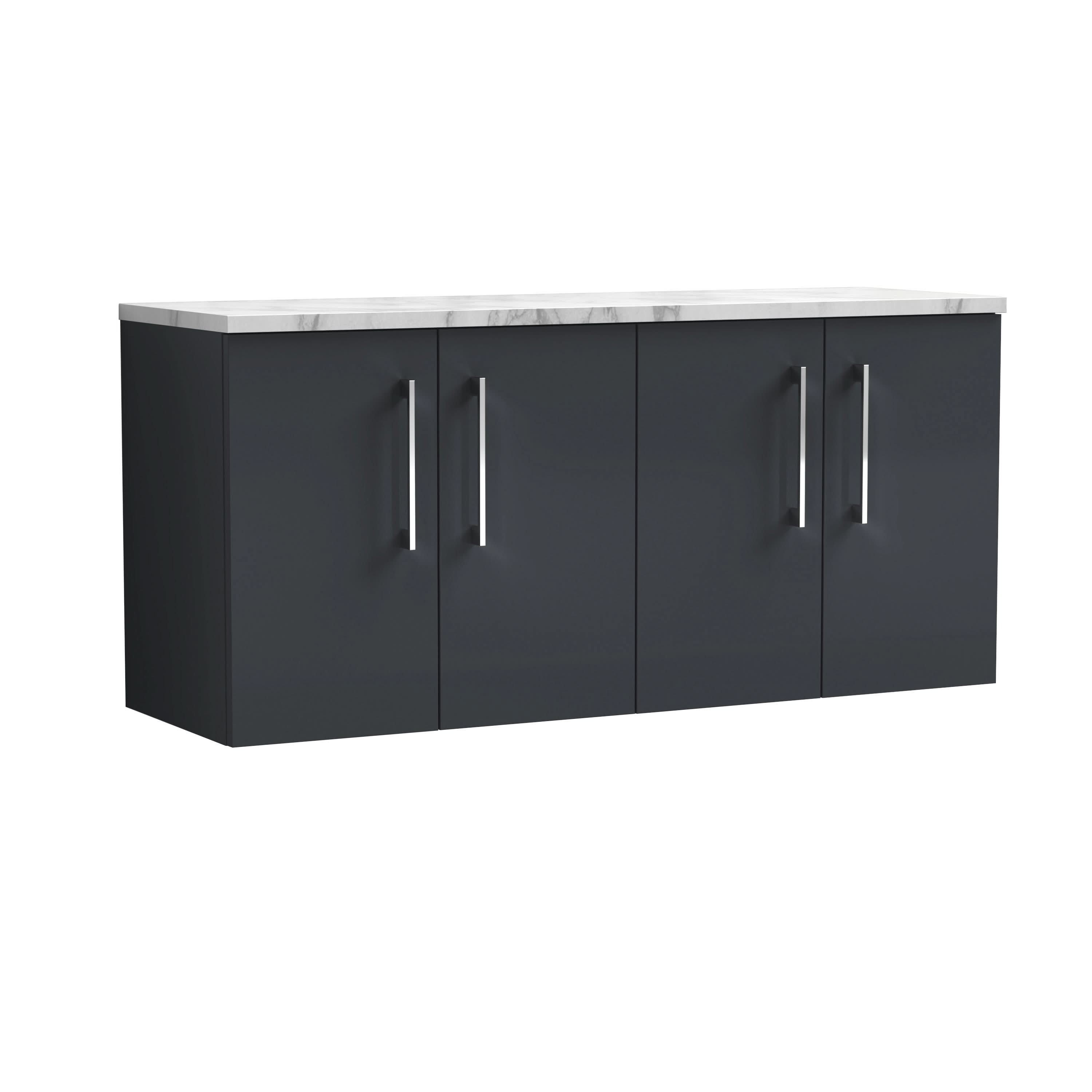 Nuie Arno Wall Hung 4-Door Vanity Unit & Laminate Worktop in Carrera Marble, Modern Counter Top Vanity Unit in Soft Black, 1200mm
