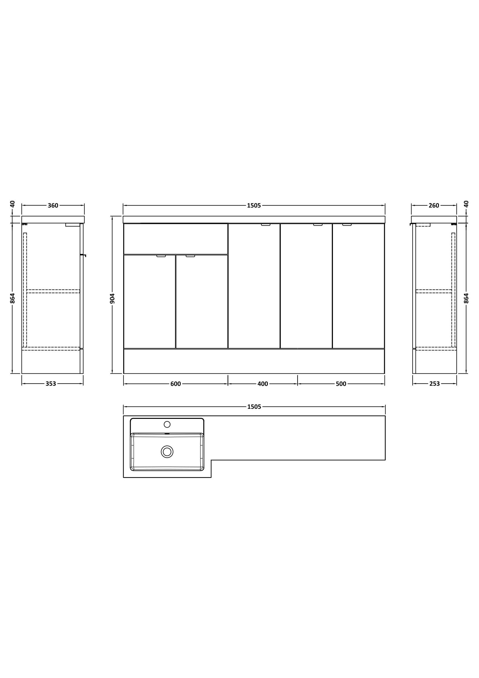 Hudson Reed Fusion Floor Standing 5 Door Vanity Basin Left Hand Combination, Sink Vanity Unit, Anthracite Woodgrain, 1500mm
