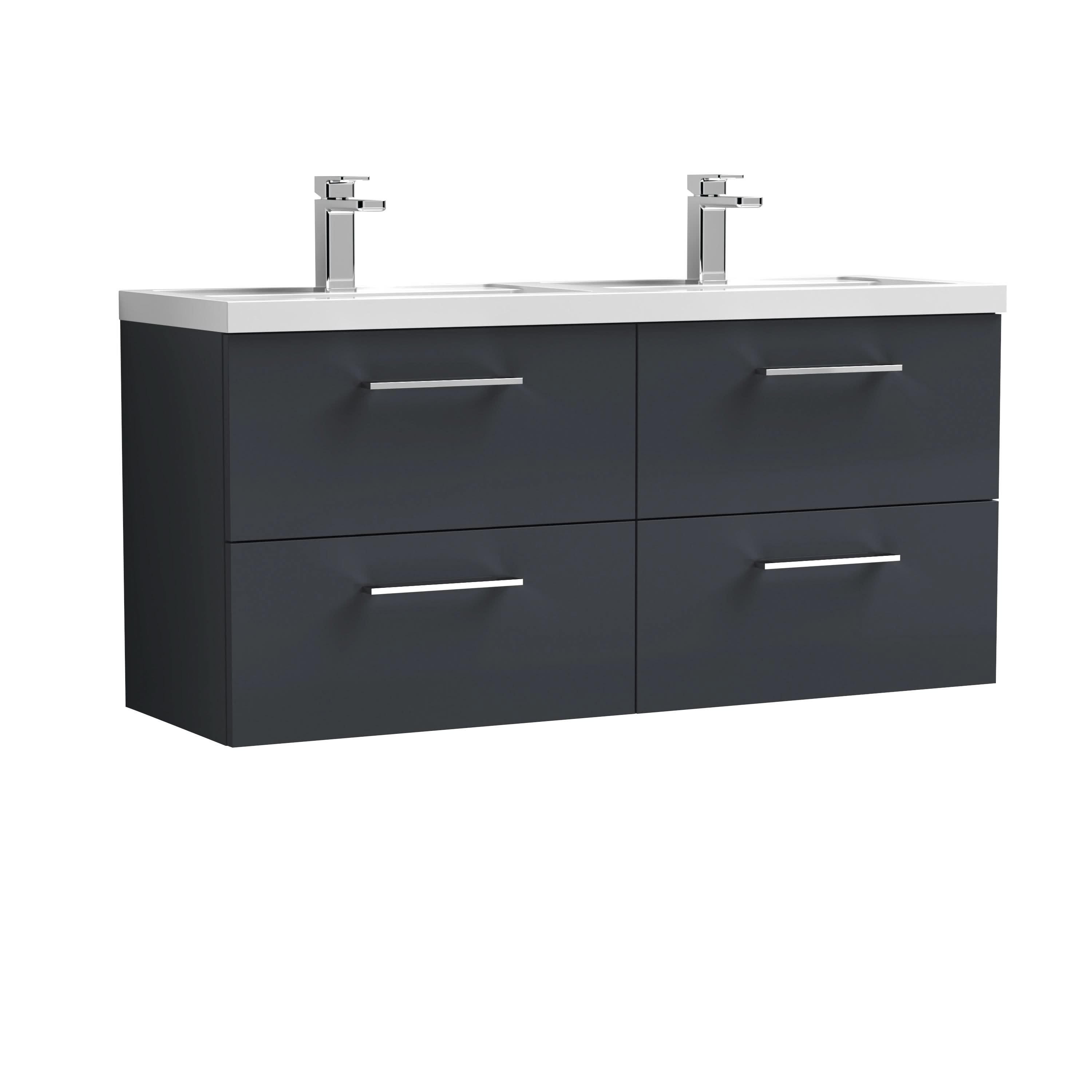 Nuie Arno Wall Hung 4 Drawer Vanity Unit & Double Polymarble Basin, Premium Wall Hung Vanity Unit and Basin, Soft Black, 1200mm
