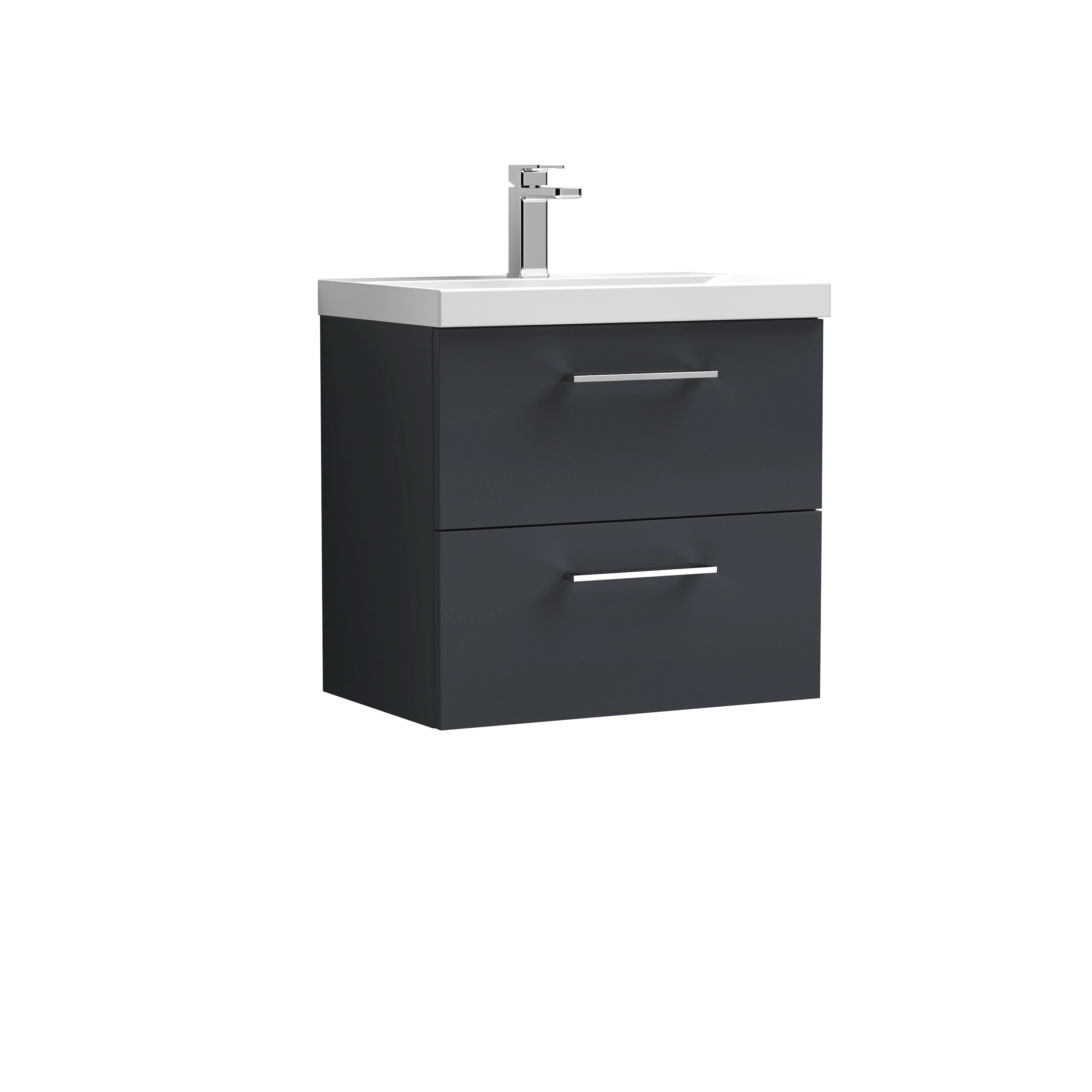 Nuie Arno Wall Hung 2 Drawer Vanity Unit & Thin-Edge Ceramic Basin, Elegant Wall Hung Vanity Unit and Basin, Soft Black, 600mm