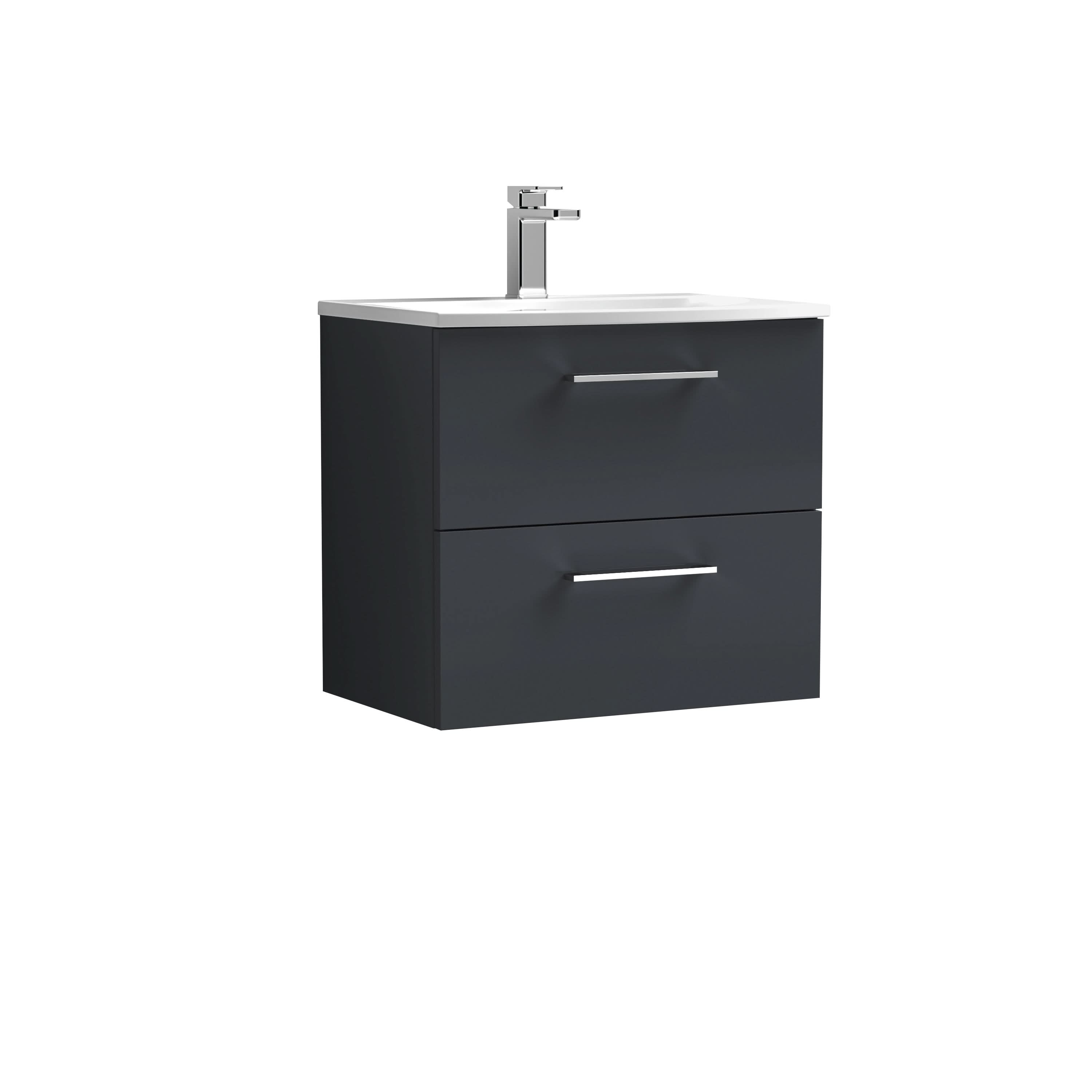 Nuie Arno Wall Hung 2 Drawer Vanity Unit & Curved Ceramic Basin, Elegant Wall Hung Vanity Unit and Basin, Soft Black, 600mm