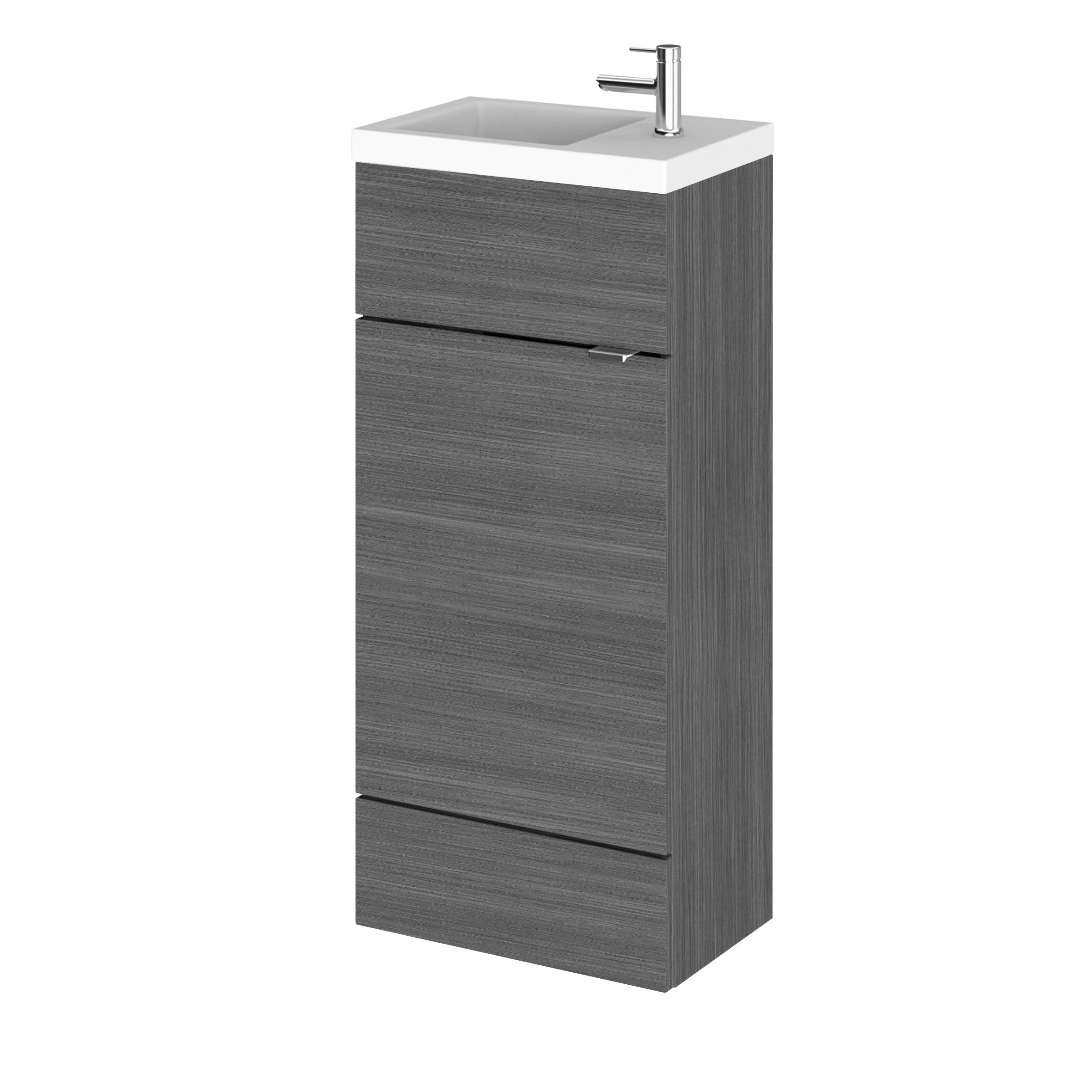Hudson Reed Fusion Floor Standing 1 Door Vanity Unit & Compact Polymarble Basin, Compact, Anthracite Woodgrain, 400mm