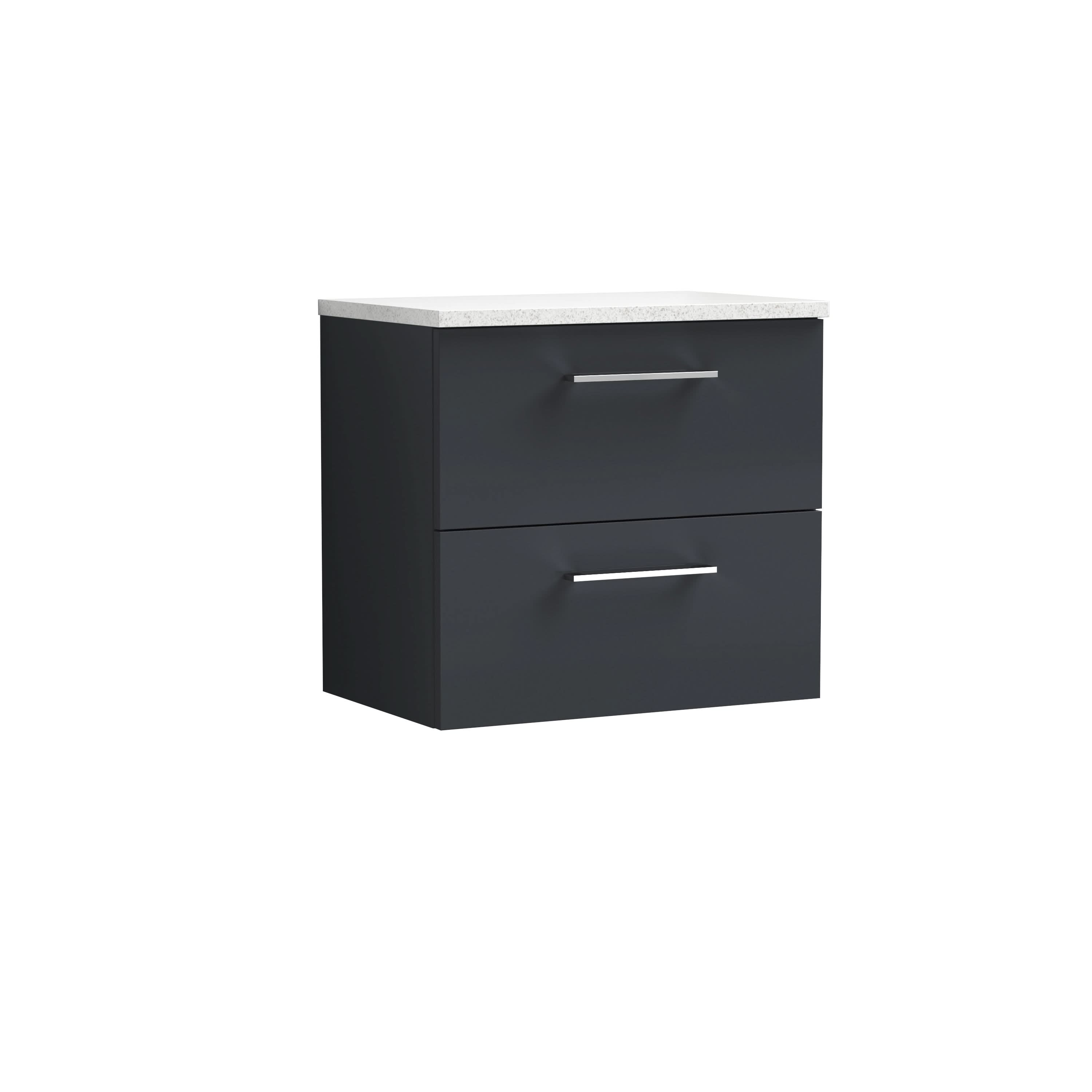 Nuie Arno Wall Hung 2-Drawer Modern Vanity Unit with Sparkling White Laminate Worktop, Stylish Counter Top Vanity Unit in Soft Black, 600mm
