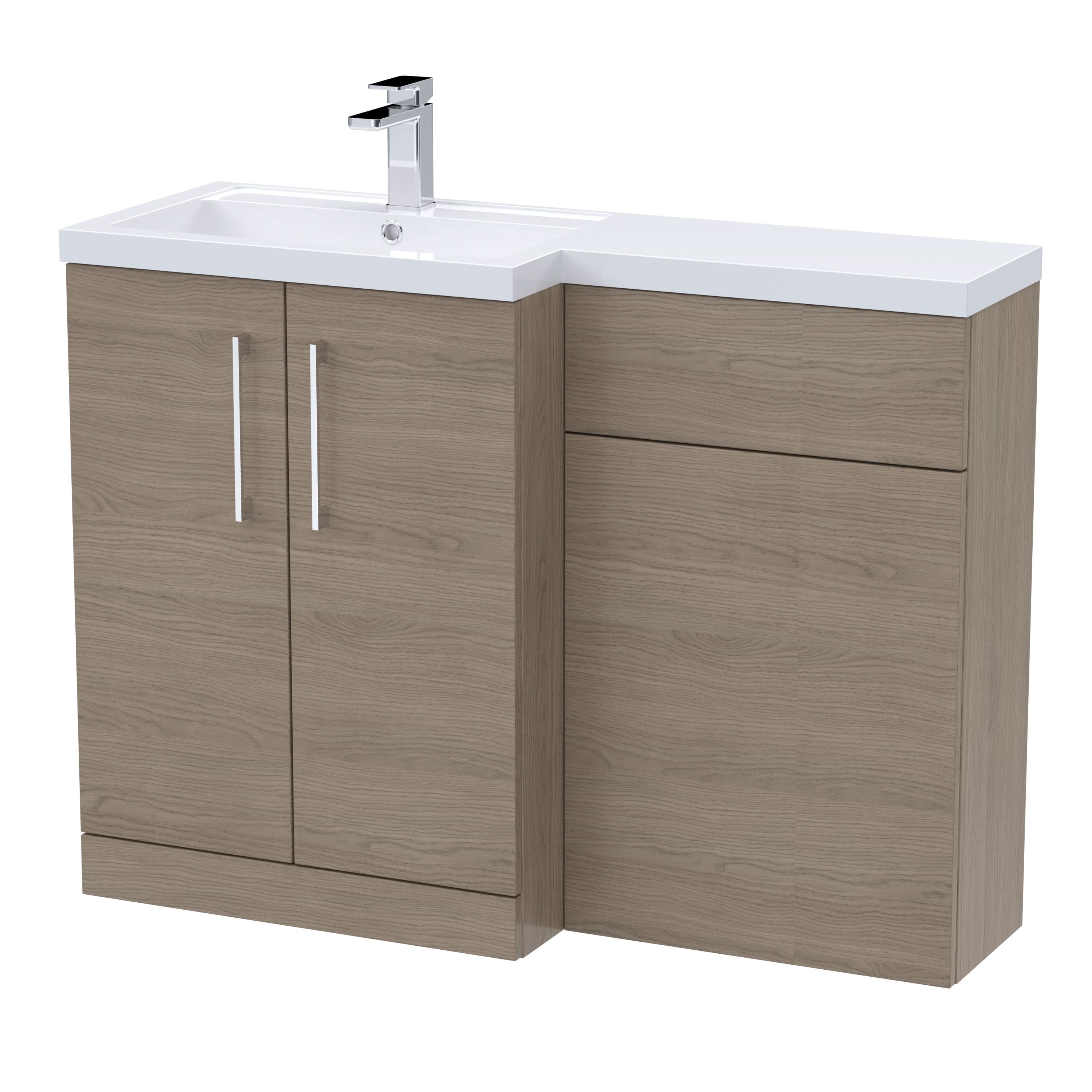 Nuie 1100mm Left Hand Combination, Polymarble Basin Pre-drilled with 1 Tap Hole, Bathroom Storage Unit in Solace Oak