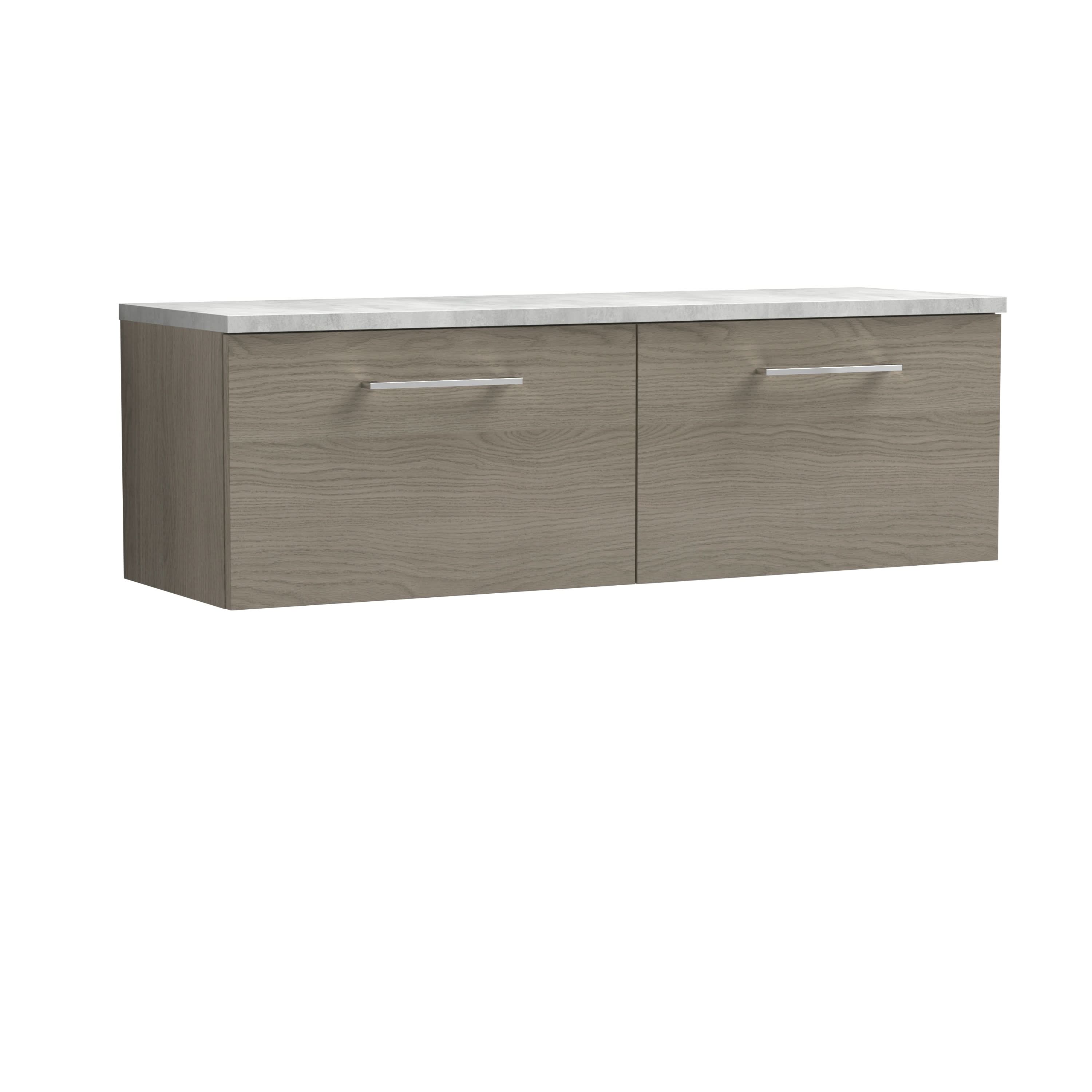 Nuie Arno Wall Hung 2-Drawer Modern Vanity Unit with Bellato Grey Laminate Worktop, Stylish Counter Top Vanity Unit in Solace Oak, 1200mm