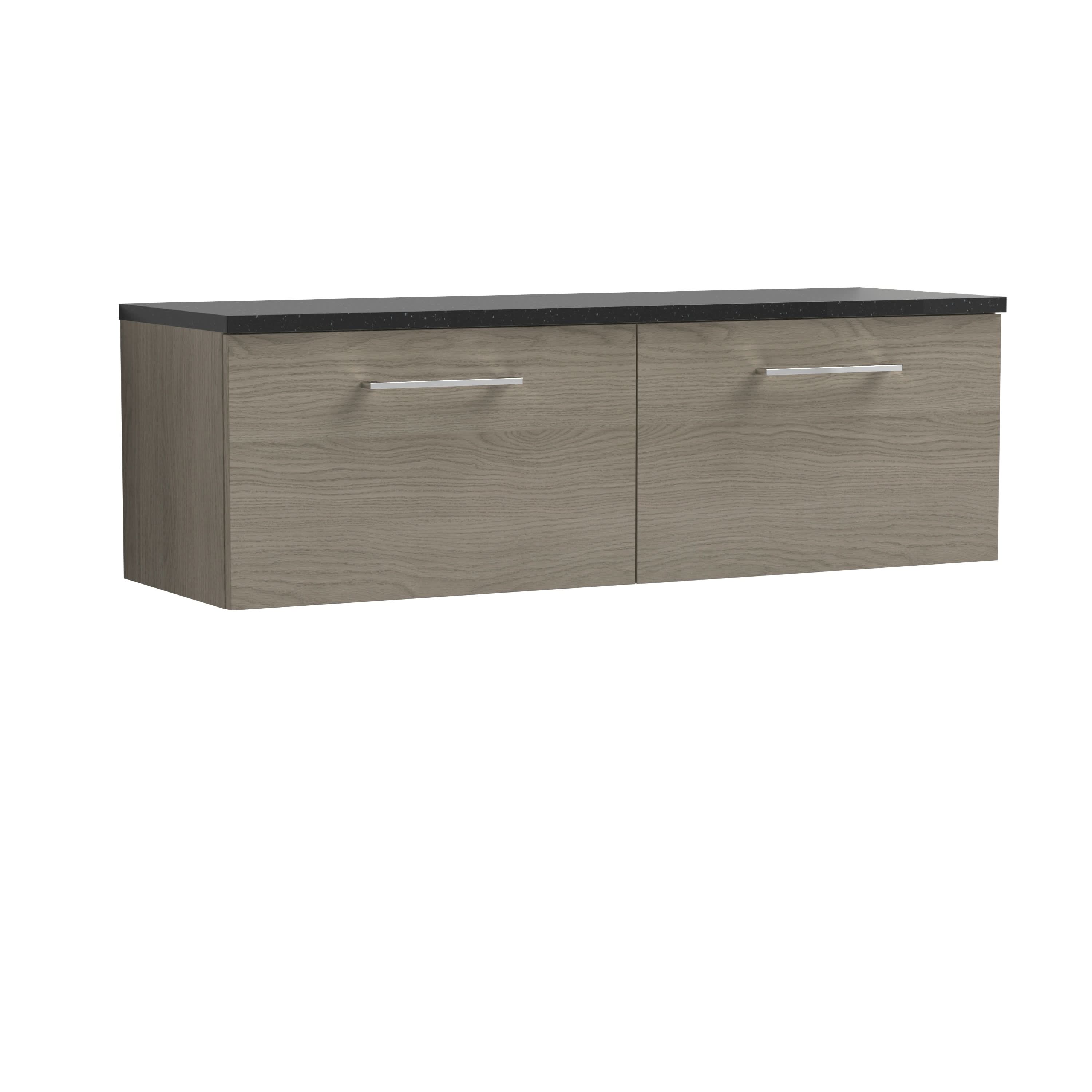 Nuie Arno Wall Hung 2-Drawer Modern Vanity Unit with Black Sparkle Laminate Worktop, Stylish Counter Top Vanity Unit in Solace Oak, 1200mm