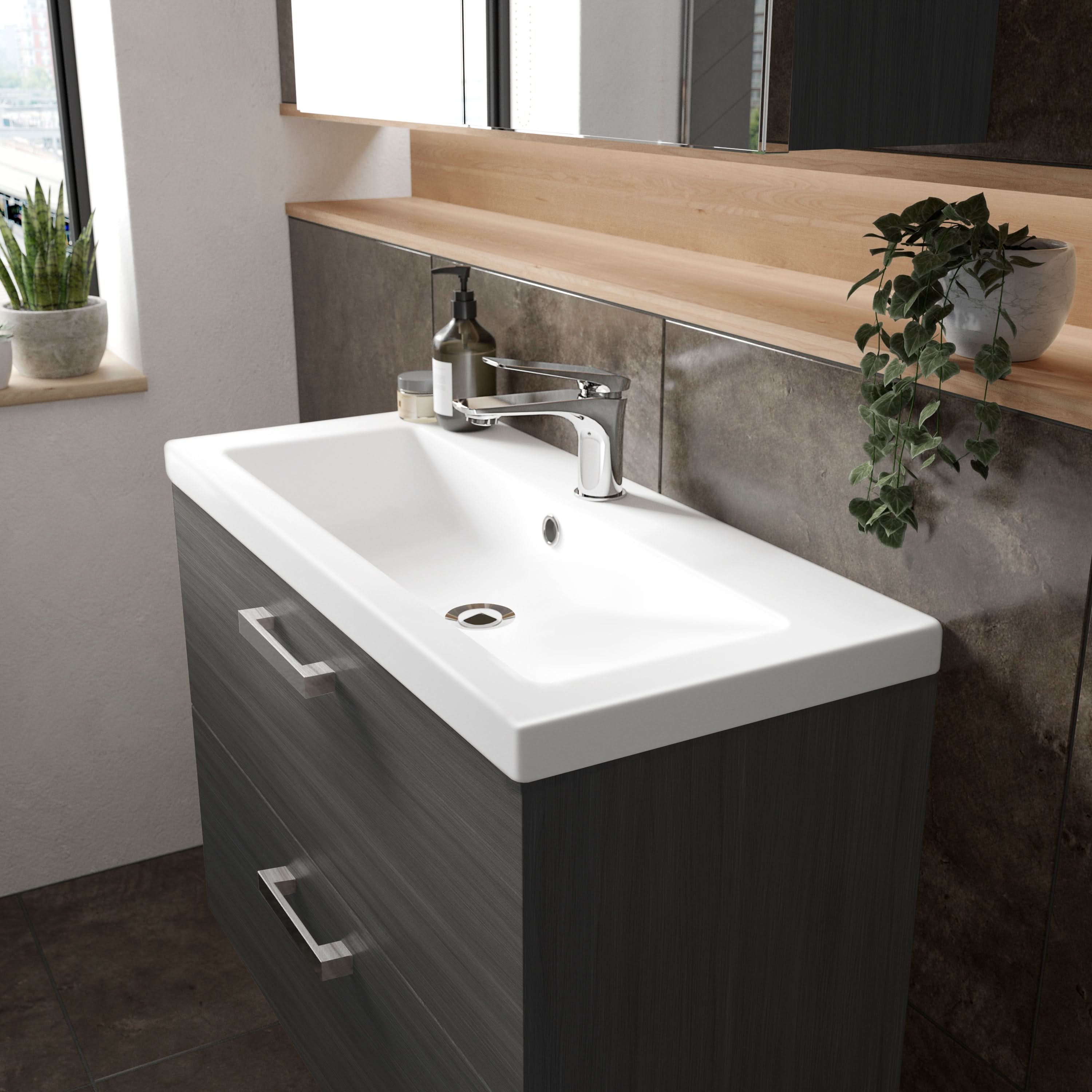 Hudson Reed Fusion Wall Hung 2 Drawer Vanity Unit & Ceramic Basin, Sink Vanity Unit, Anthracite Woodgrain, 800mm