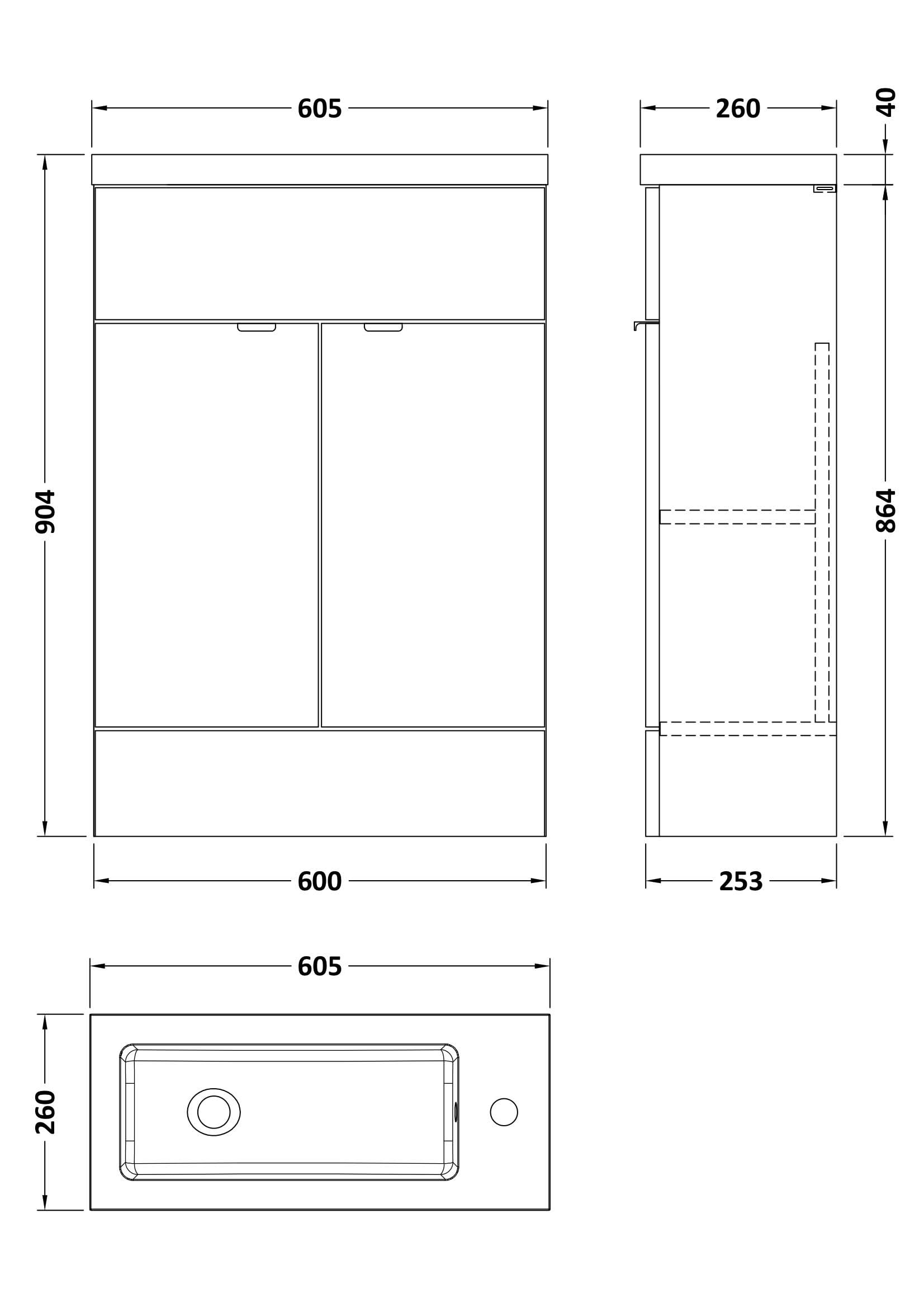 Hudson Reed Fusion Floor Standing 2 Door Vanity Unit & Polymarble Basin Compact, Sink Vanity Unit, Charcoal Black, 600mm