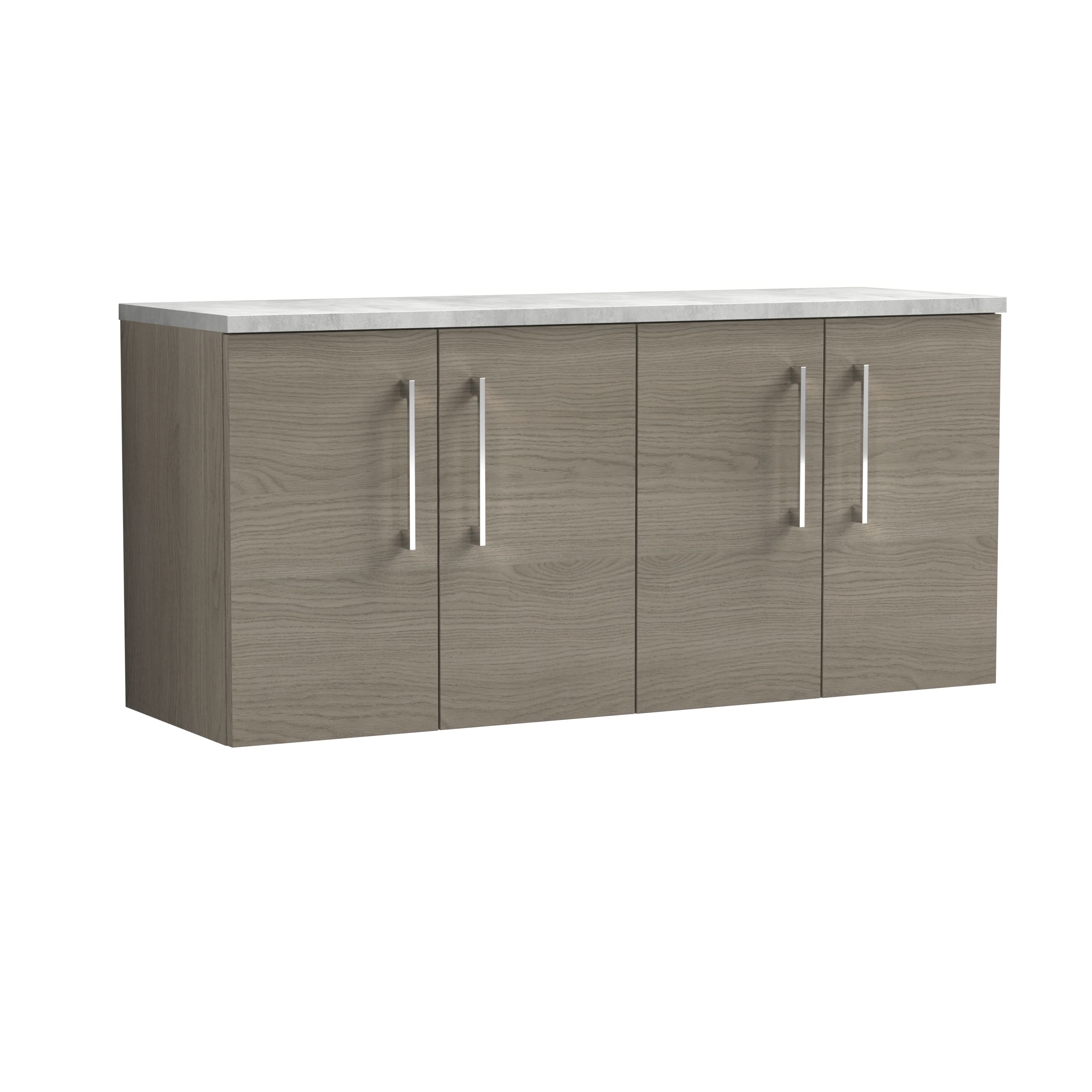 Nuie Arno Wall Hung 4-Door Vanity Unit & Laminate Worktop in Bellato Grey, Modern Counter Top Vanity Unit in Solace Oak, 1200mm