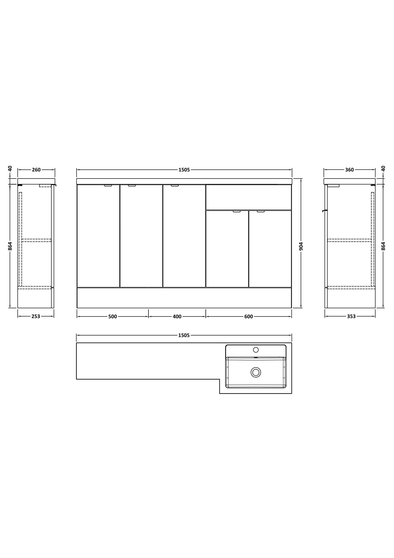Hudson Reed Fusion Floor Standing 5 Door Vanity Basin Right Hand Combination, Sink Vanity Unit, Charcoal Black, 1500mm