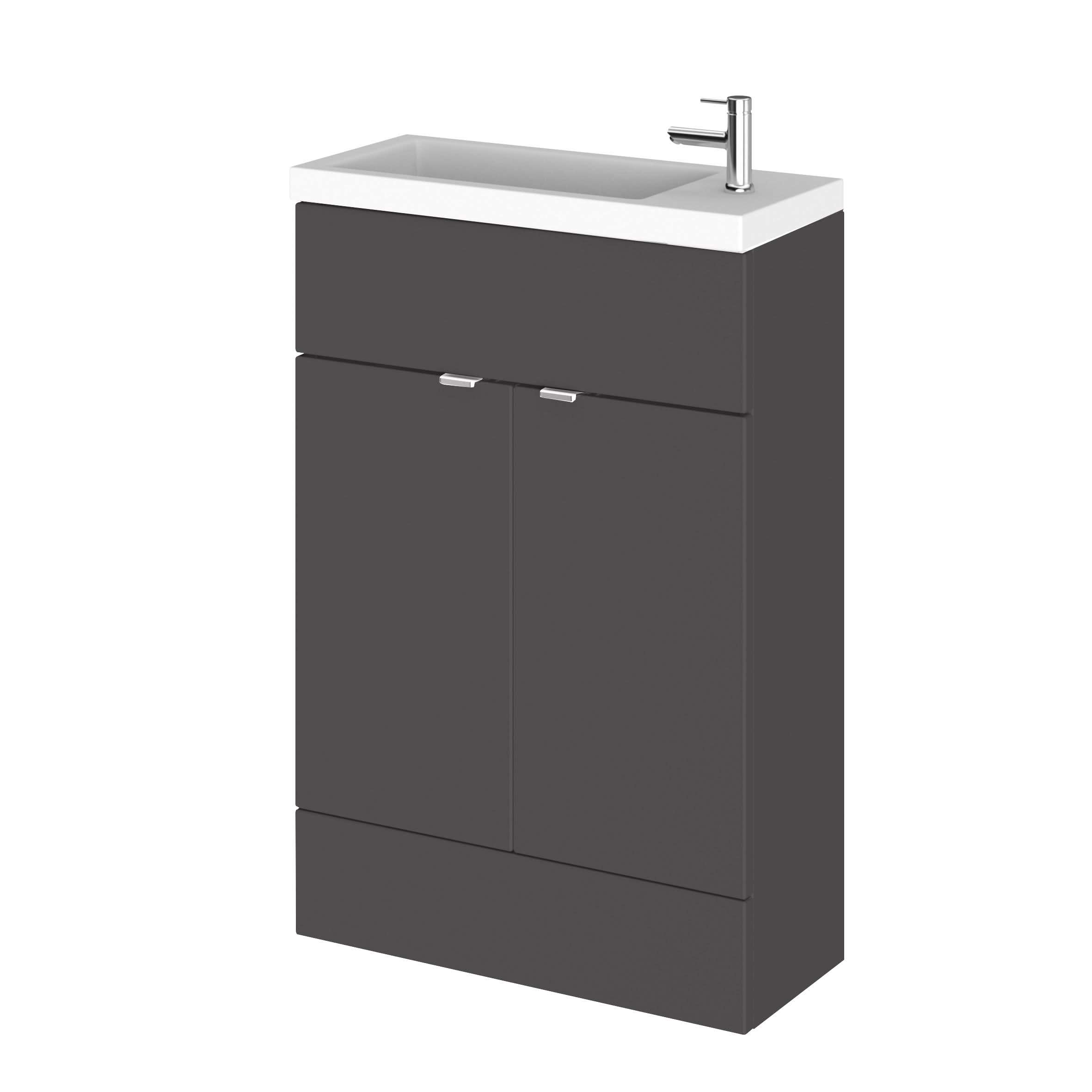 Hudson Reed Fusion Floor Standing 2 Door Vanity Unit & Polymarble Basin Compact, Stylish Sink Vanity Unit, Gloss Grey, 600mm