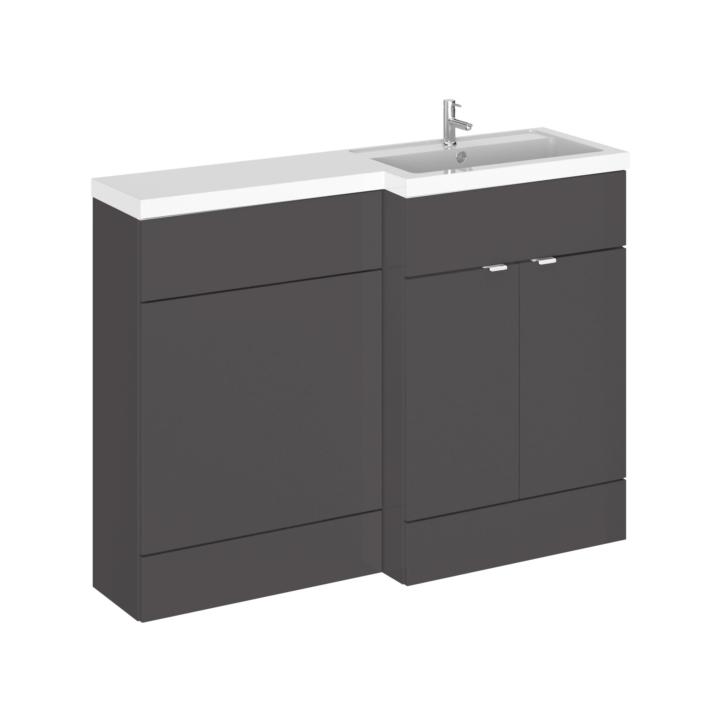 Hudson Reed Fusion Floor Standing 2 Door Vanity Basin & WC Right Hand Combination, Bathroom Storage Unit, Gloss Grey, 1200mm