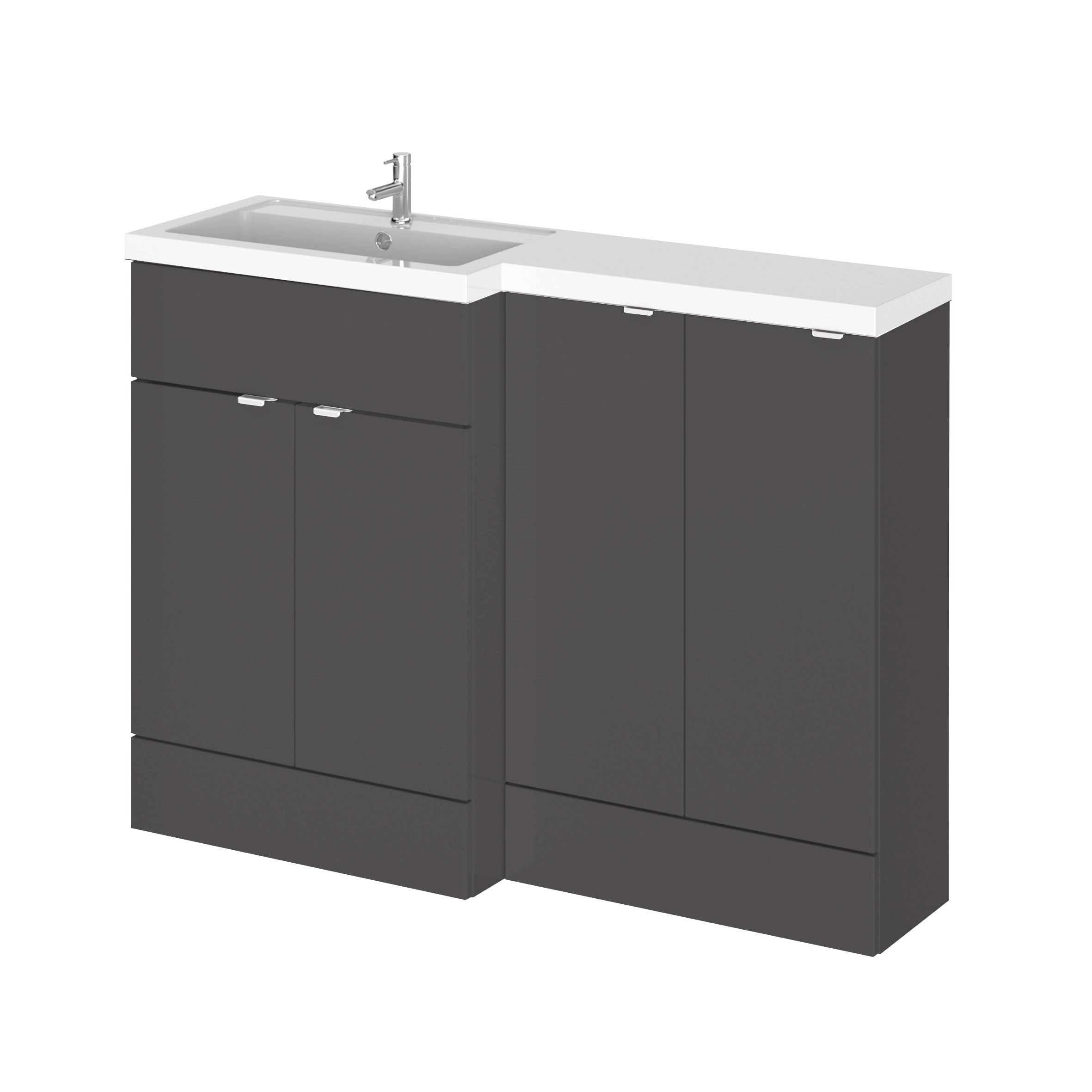 Hudson Reed Fusion Floor Standing 4 Door Vanity Basin Left Hand Combination, Stylish Bathroom Storage Unit, Gloss Grey, 1200mm