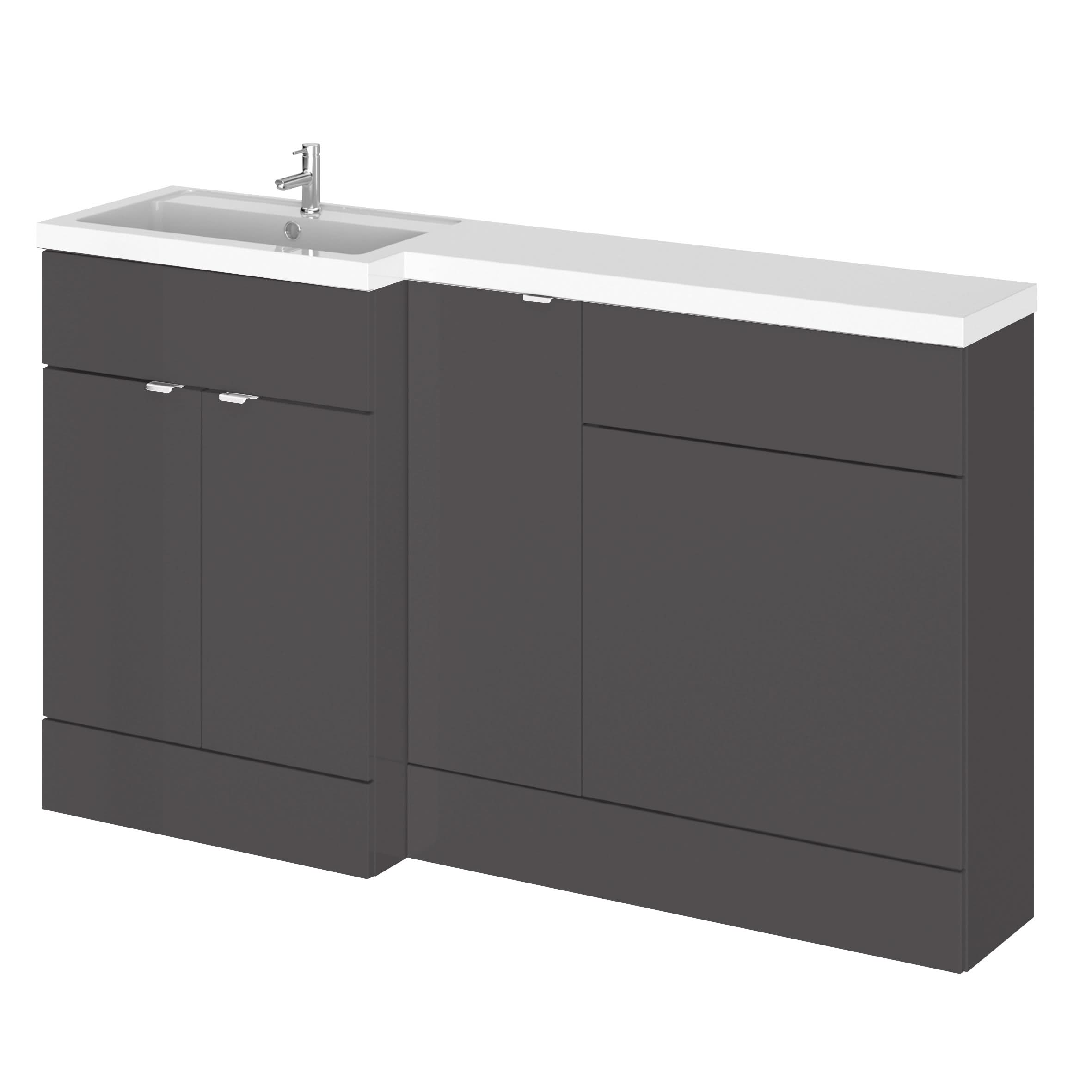 Hudson Reed Fusion Floor Standing 3 Door Vanity Basin & WC Left Hand Combination, Bathroom Storage Unit, Gloss Grey, 1500mm