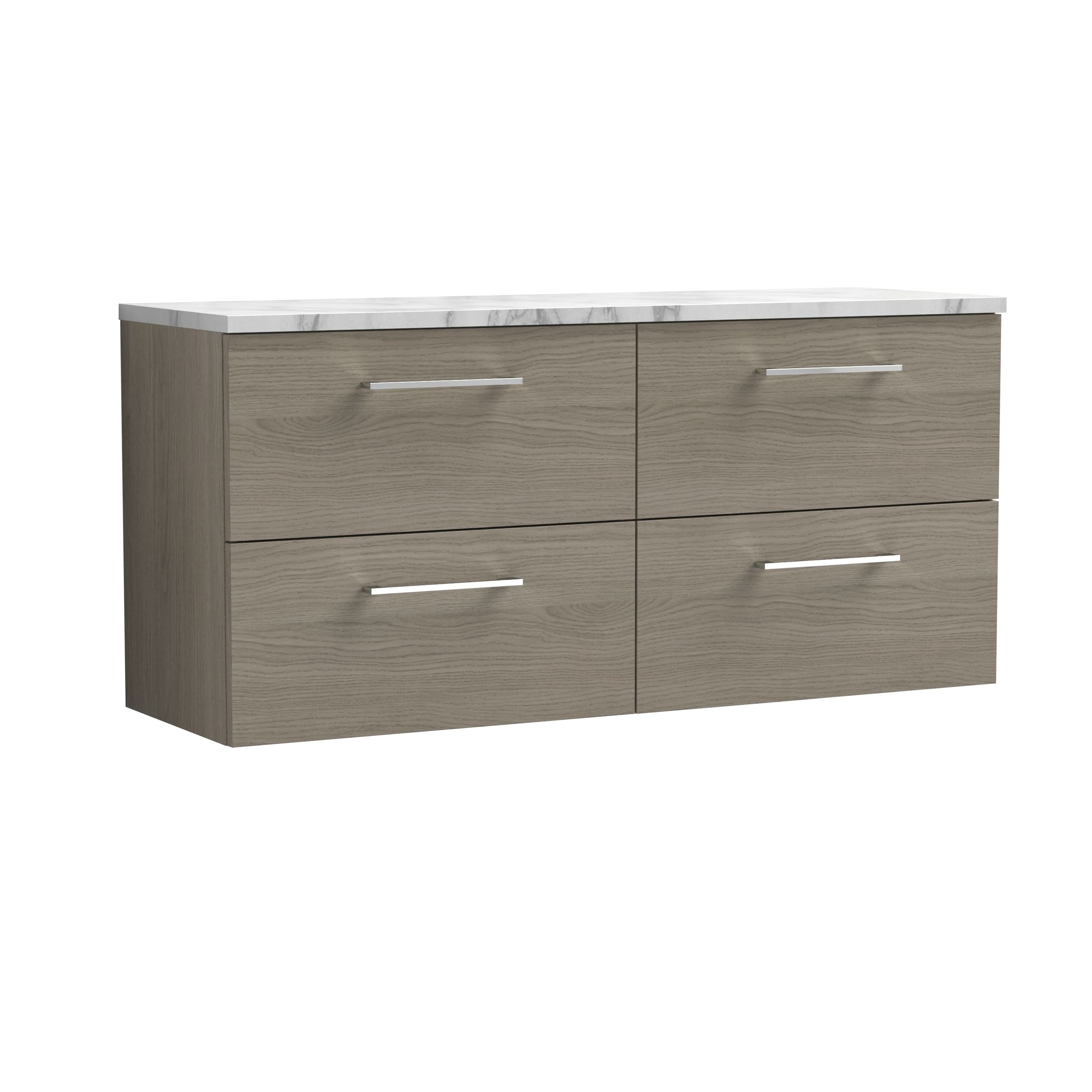 Nuie Arno Wall Hung 4-Drawer Modern Vanity Unit with Carrera Marble Laminate Worktop, Stylish Counter Top Vanity Unit in Solace Oak, 1200mm