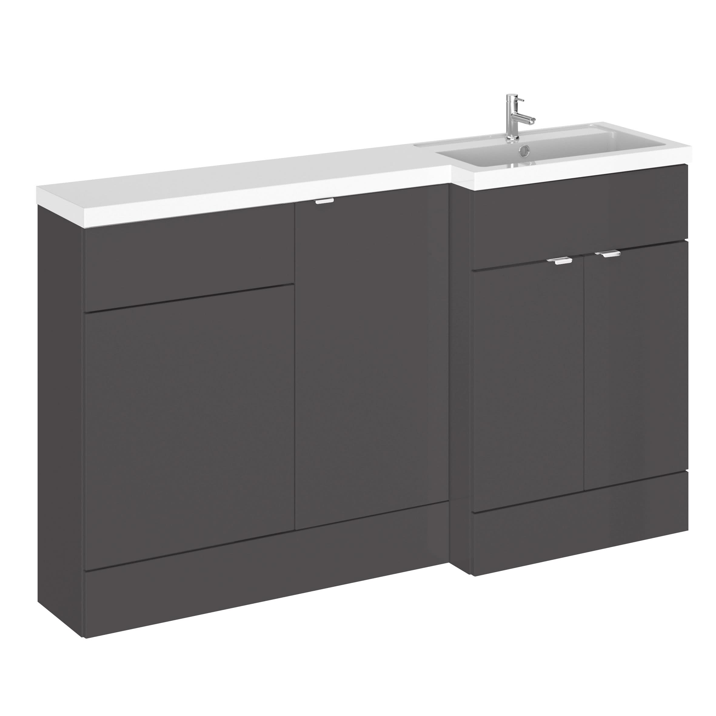 Hudson Reed Fusion Floor Standing 3 Door Vanity Basin & WC Right Hand Combination, Bathroom Storage Unit, Gloss Grey, 1500mm