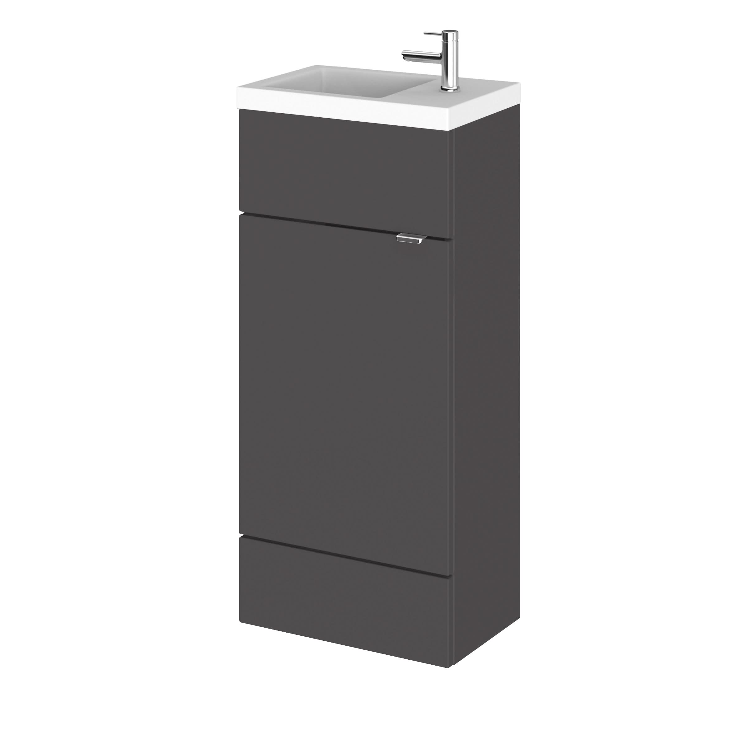 Hudson Reed Fusion Floor Standing 1 Door Vanity Unit & Polymarble Basin Compact, Vanity Unit with Basin, Gloss Grey, 400mm