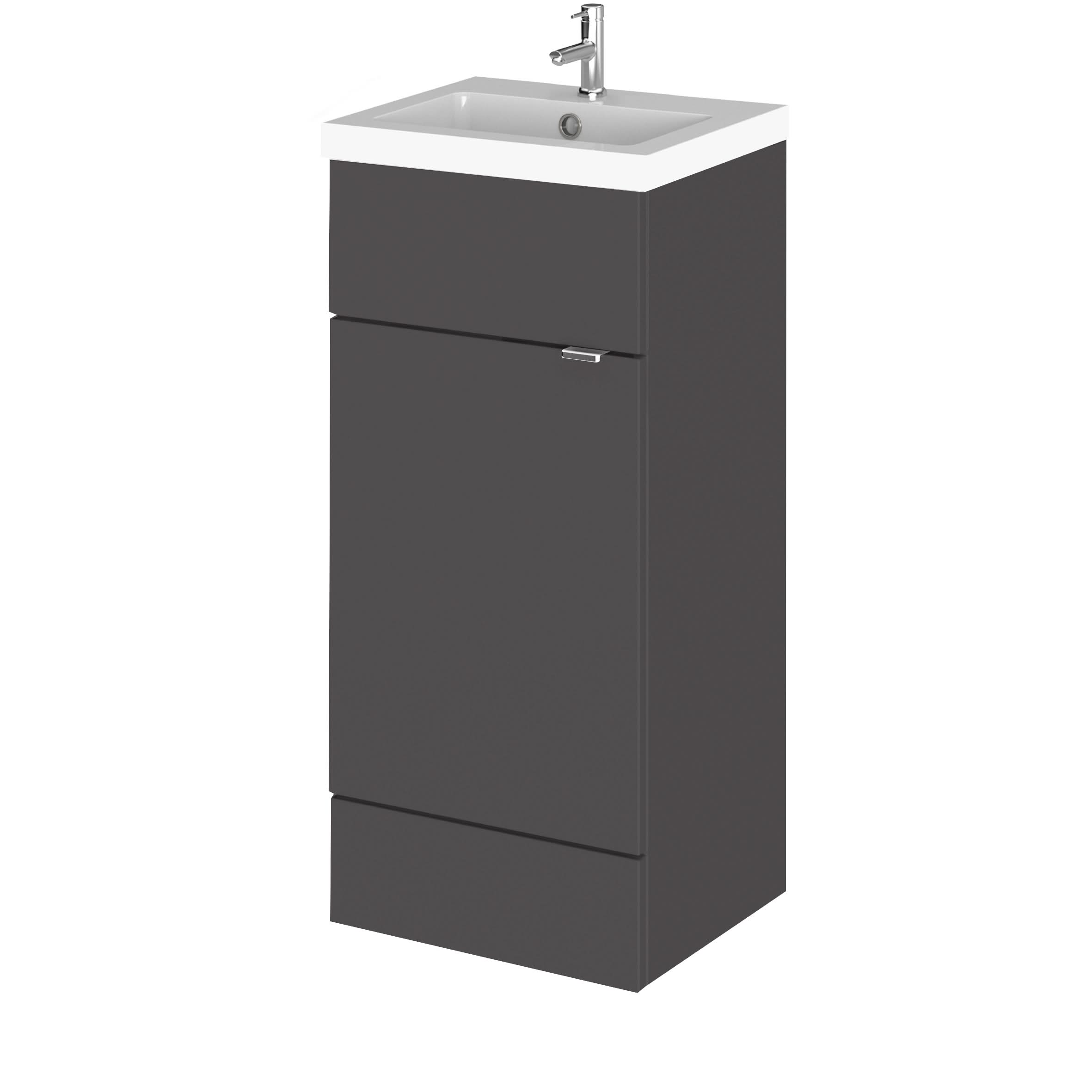 Hudson Reed Fusion Floor Standing 1 Door Vanity Unit & Polymarble Basin, Stylish Vanity Unit with Basin, Gloss Grey, 400mm