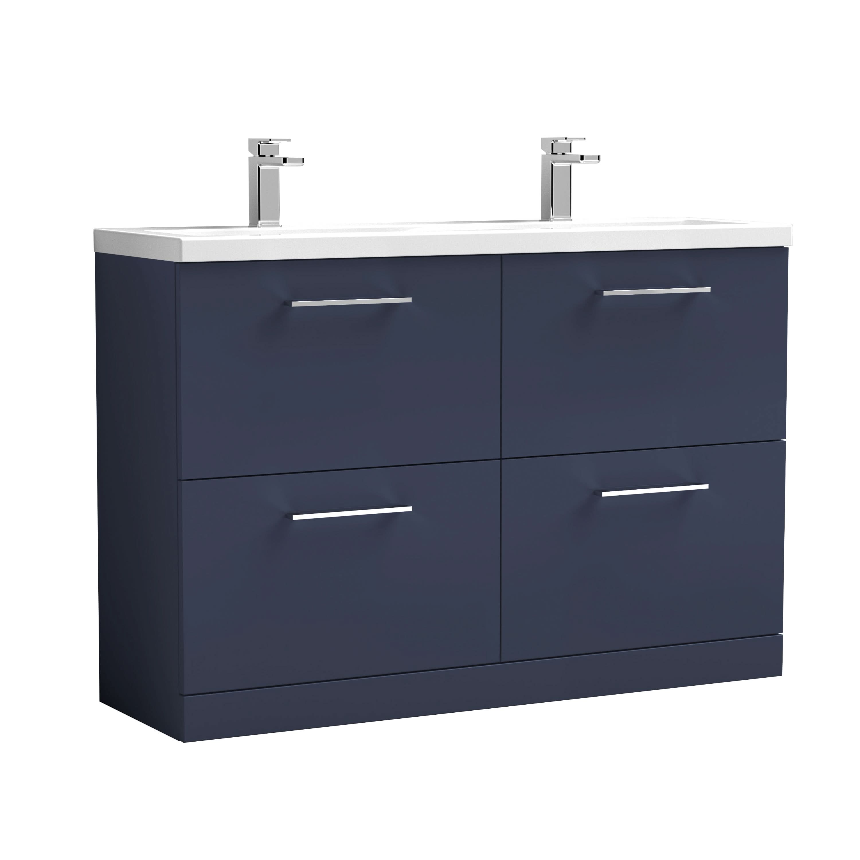 Nuie Arno Floor Standing 4 Drawer Vanity Unit & Double Ceramic Basin, Elegant Bathroom Vanity Unit in Midnight Blue with Indigo Blue Basin, 1200mm