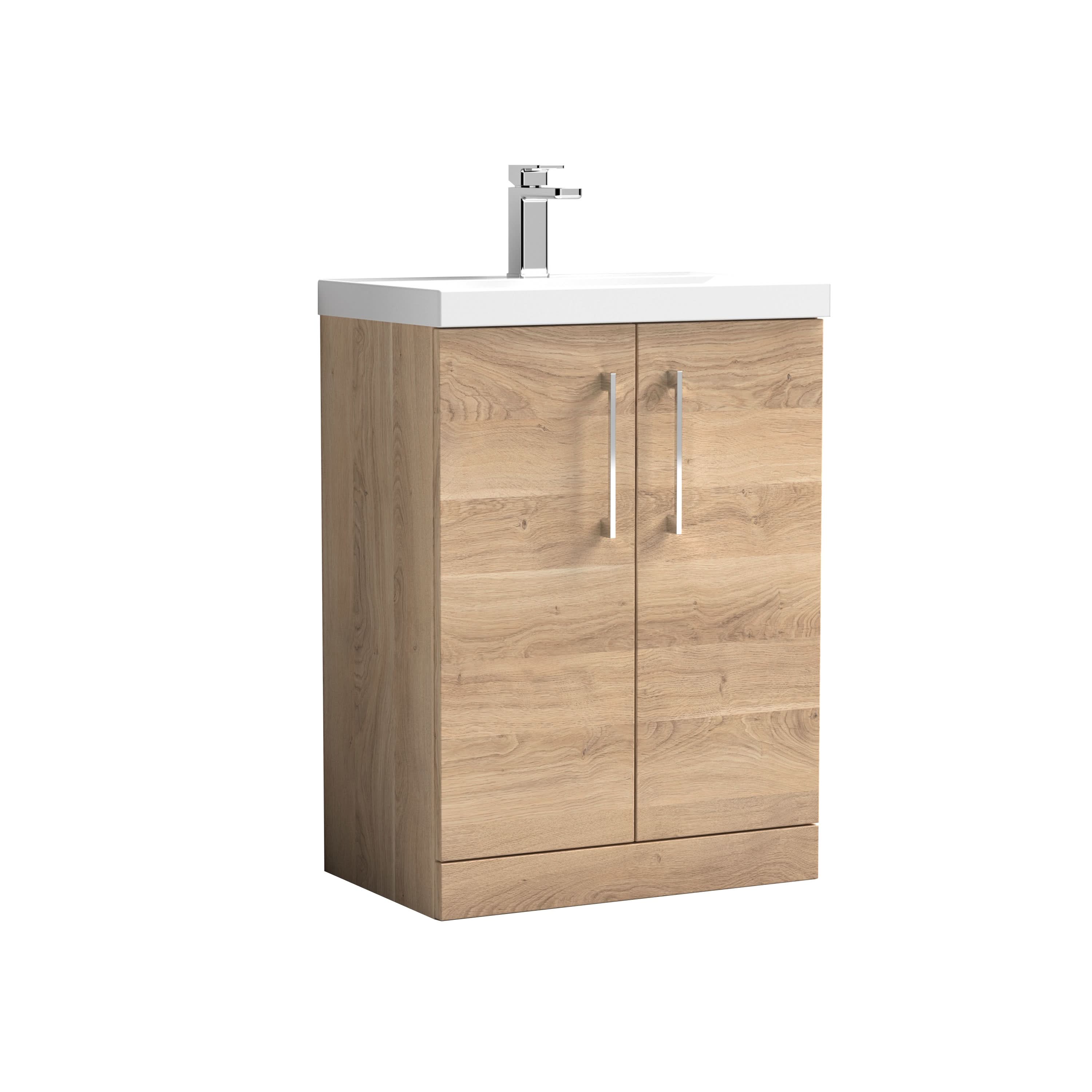 Nuie Arno Floor Standing 2 Door Vanity Unit & Thin-Edge Ceramic Basin, Stylish Sink Vanity Unit in Bleached Oak, 600mm