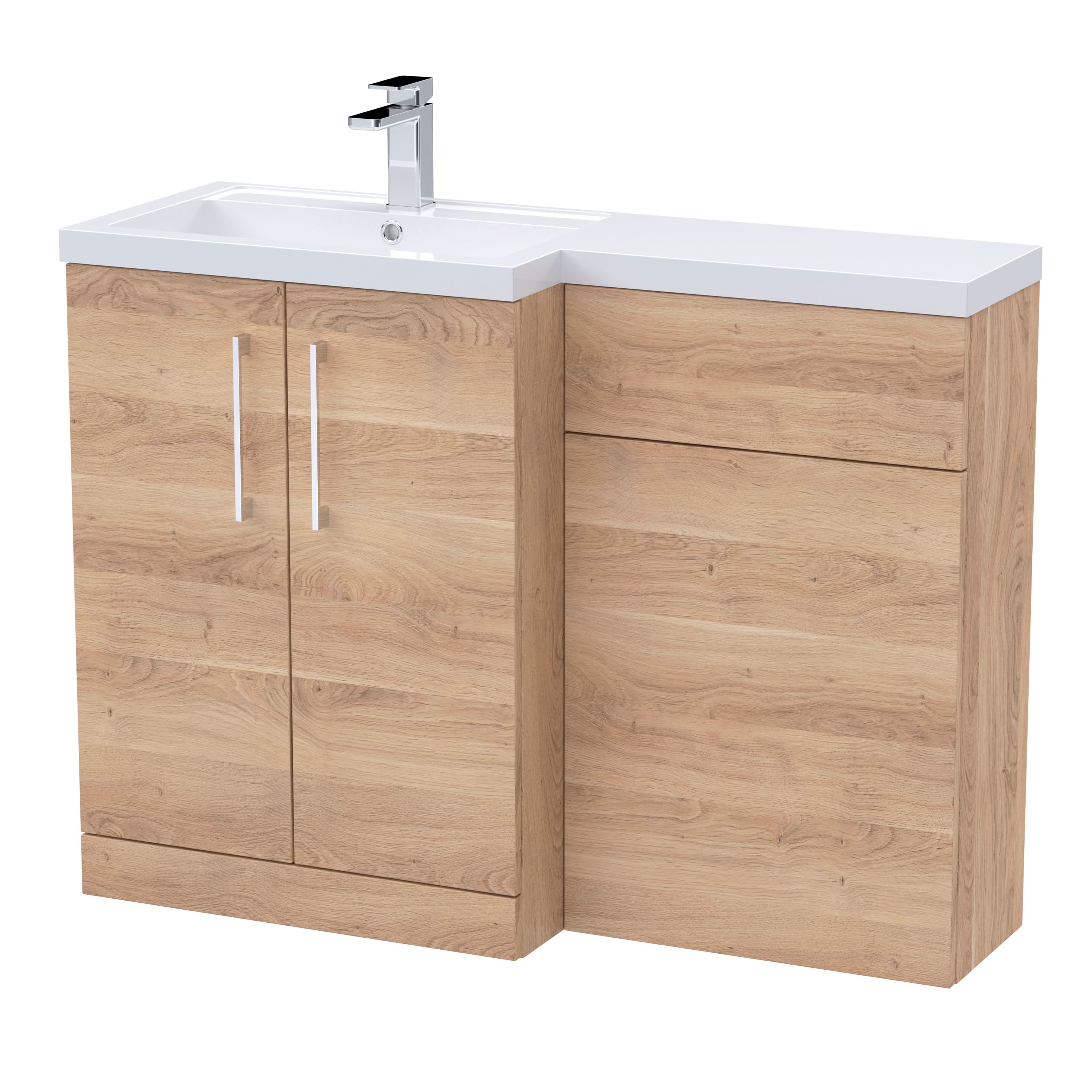 Nuie 1100mm Left Hand Combination, Polymarble Basin Pre-drilled with 1 Tap Hole, Bathroom Storage Unit in Bleached Oak