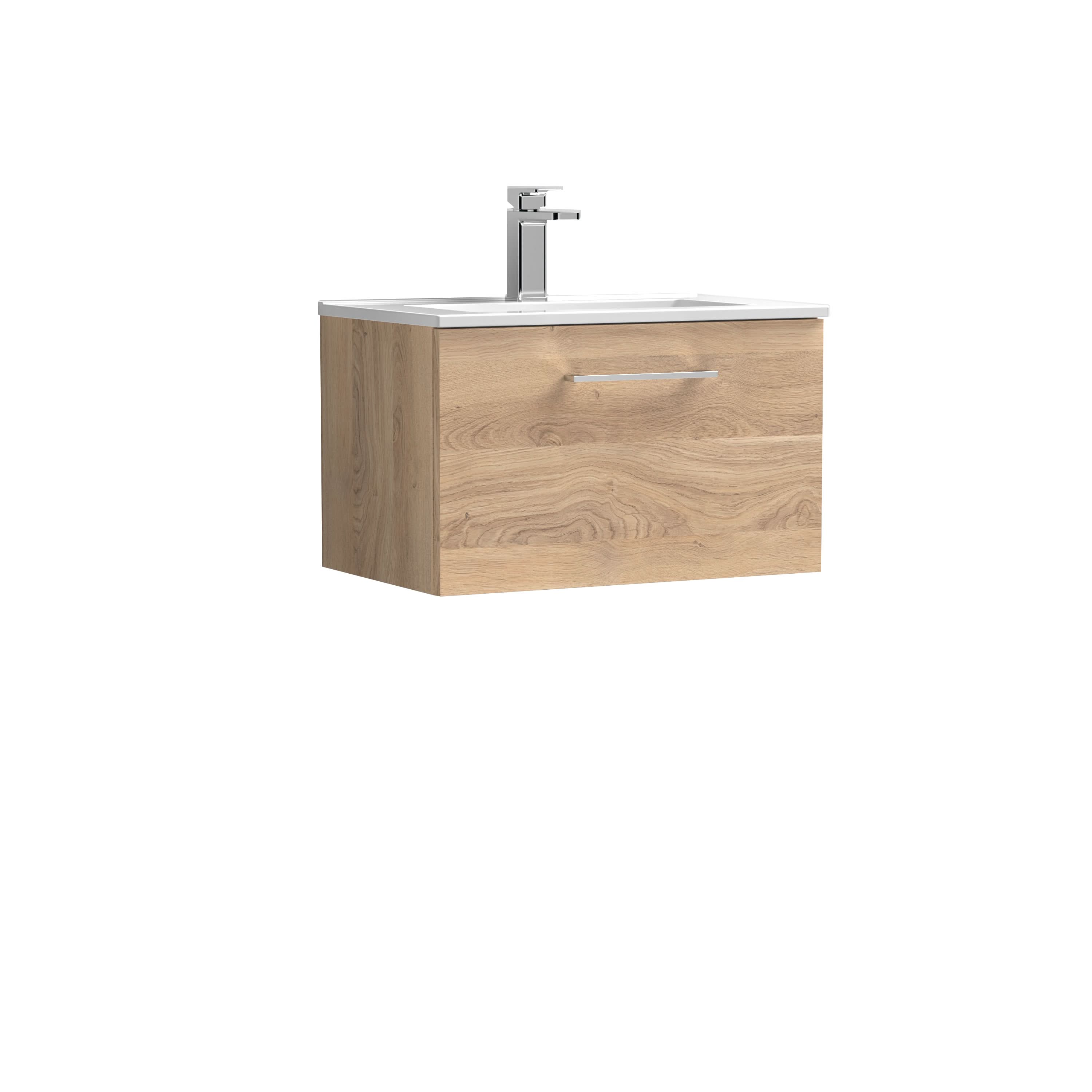 Nuie Arno Wall Hung 1-Drawer Vanity Unit & Minimalist Ceramic Basin, Modern Sink Vanity Unit with Soft Close Storage in Bleached Oak, 600mm