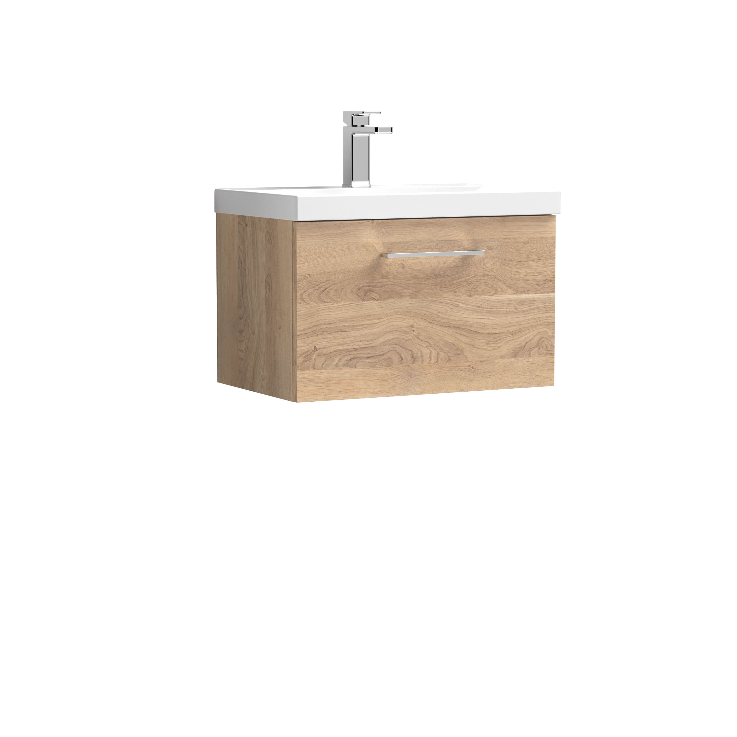 Nuie Arno Wall Hung 1-Drawer Vanity Unit & Thin-Edge Ceramic Basin, Modern Sink Vanity Unit with Soft Close Storage in Bleached Oak, 600mm