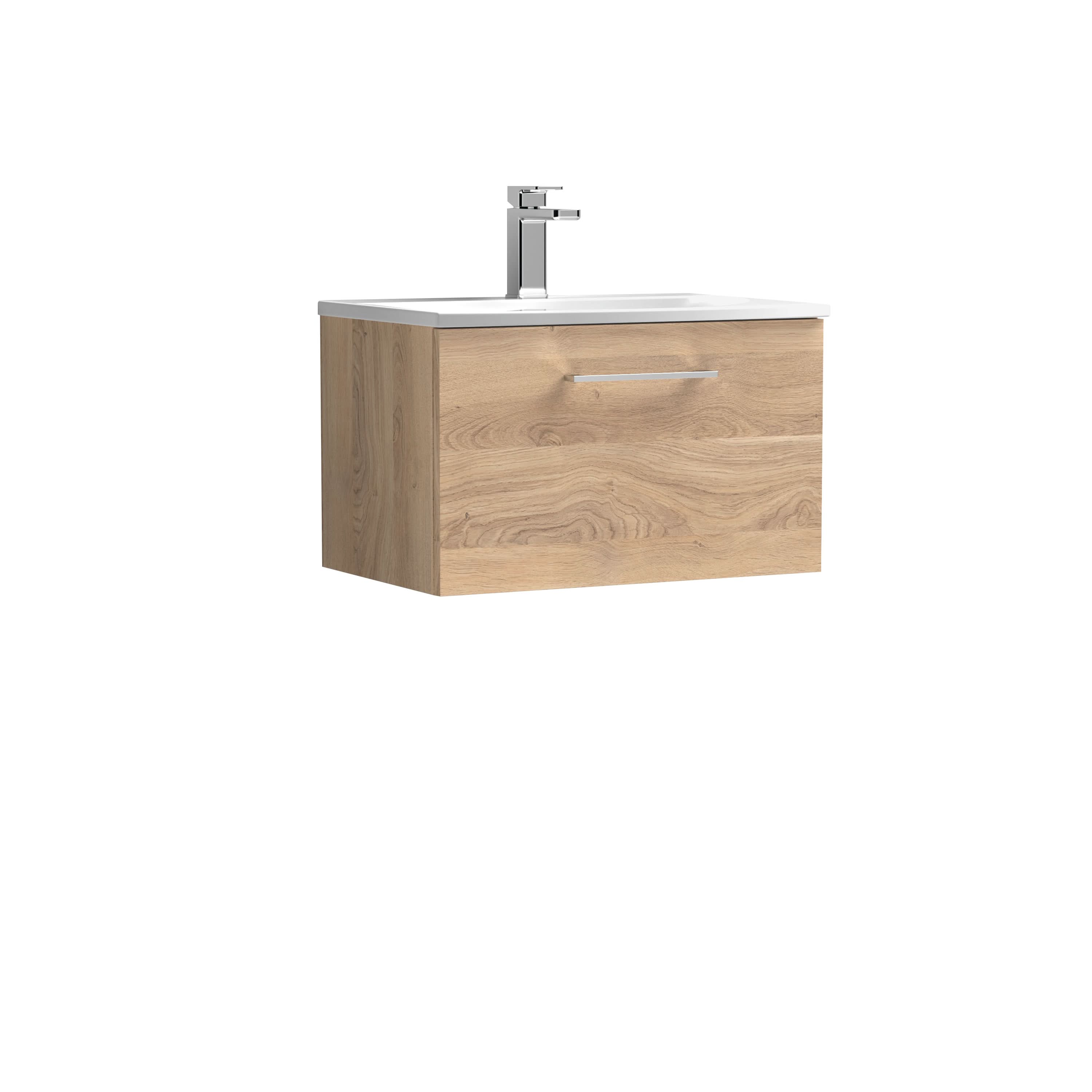Nuie Arno Wall Hung 1-Drawer Vanity Unit & Curved Ceramic Basin, Modern Sink Vanity Unit with Soft Close Storage in Bleached Oak, 600mm