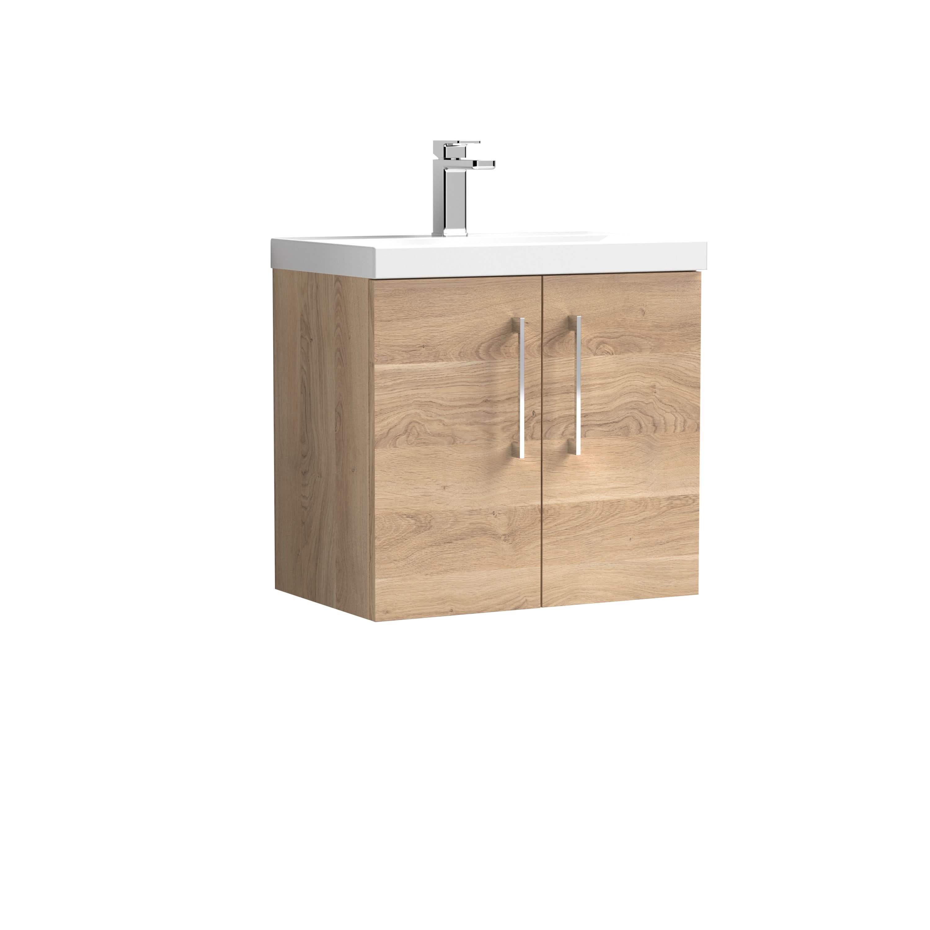 Nuie Arno Wall Hung 2-Door Vanity Unit & Mid-Edge Ceramic Basin, Compact Vanity Unit with Basin, Bleached Oak, 600mm