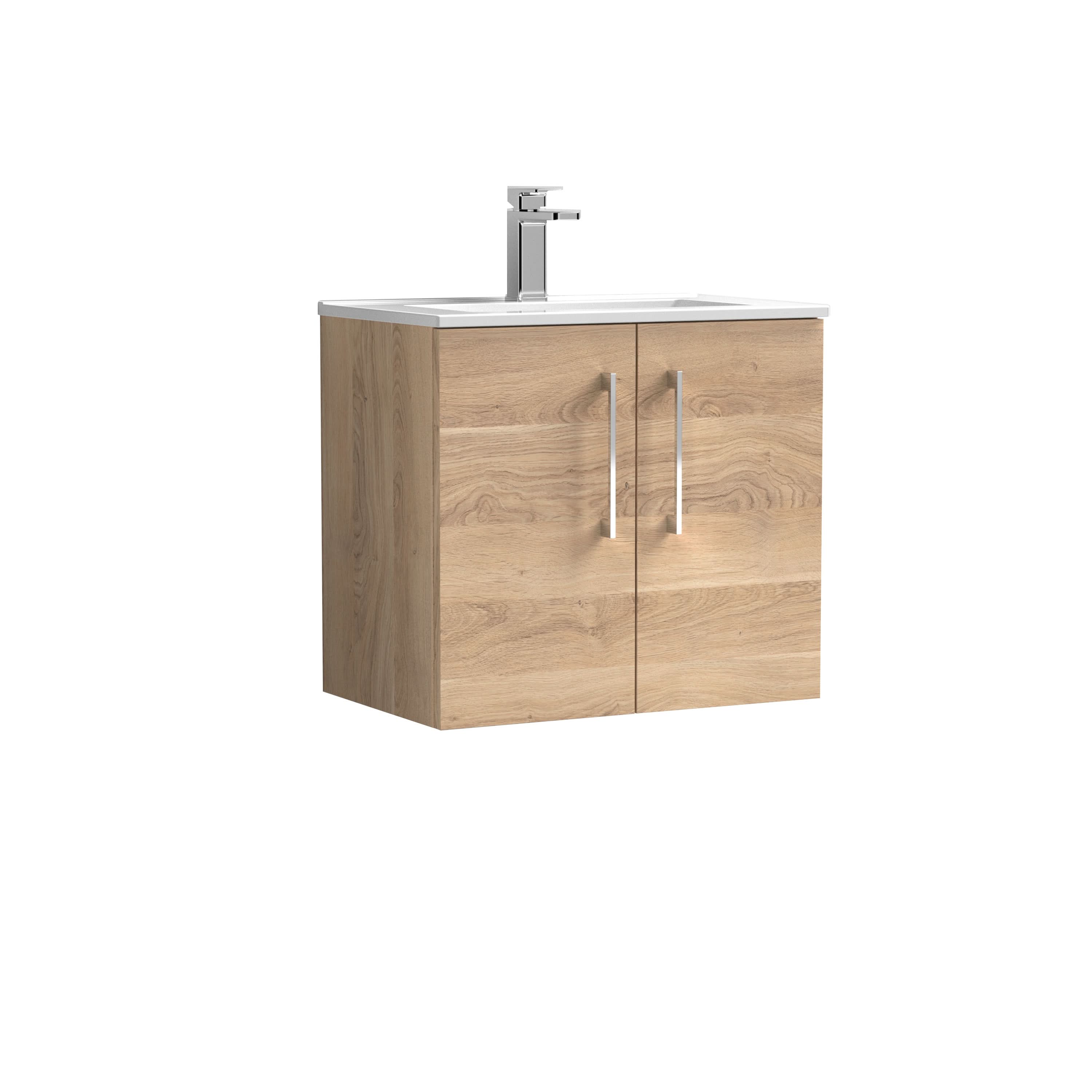 Nuie Arno Wall Hung 2-Door Vanity Unit & Minimalist Ceramic Basin, Contemporary Vanity Unit with Basin, Bleached Oak, 600mm