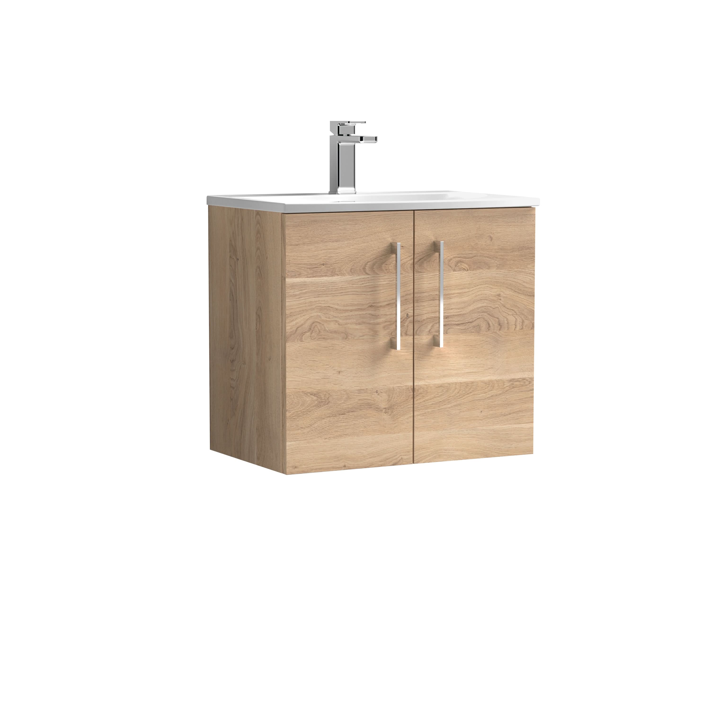 Nuie Arno Wall Hung 2-Door Vanity Unit & Curved Ceramic Basin, Contemporary Vanity Unit with Basin, Bleached Oak, 600mm