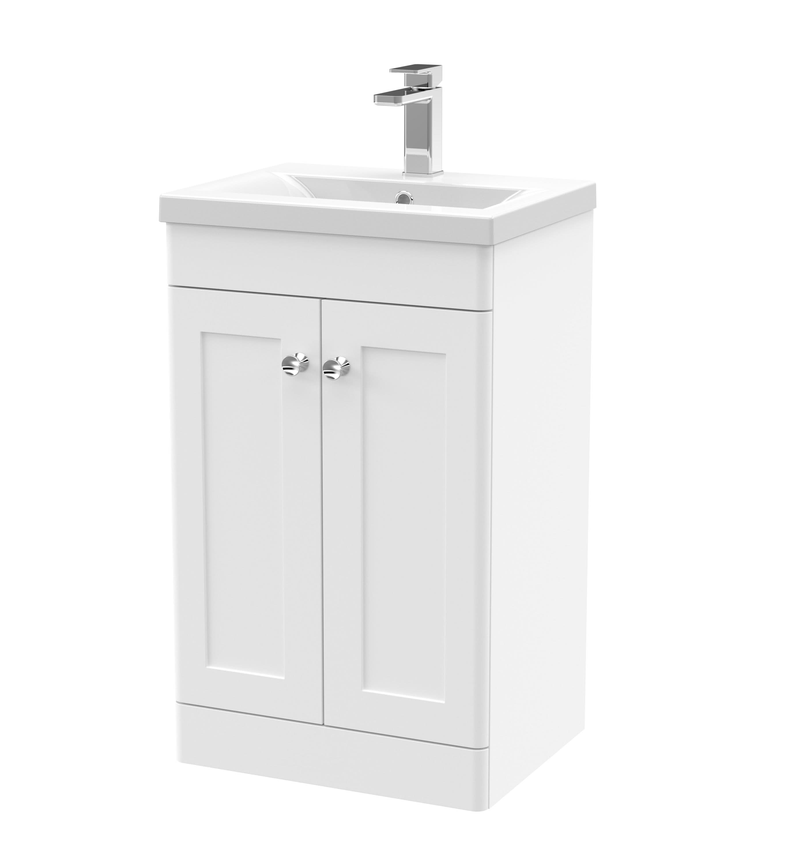 Nuie Classique Floor Standing 2 Door Vanity Unit & Mid-Edge Ceramic Basin, Traditional Sink Vanity Unit in Satin White, 500mm